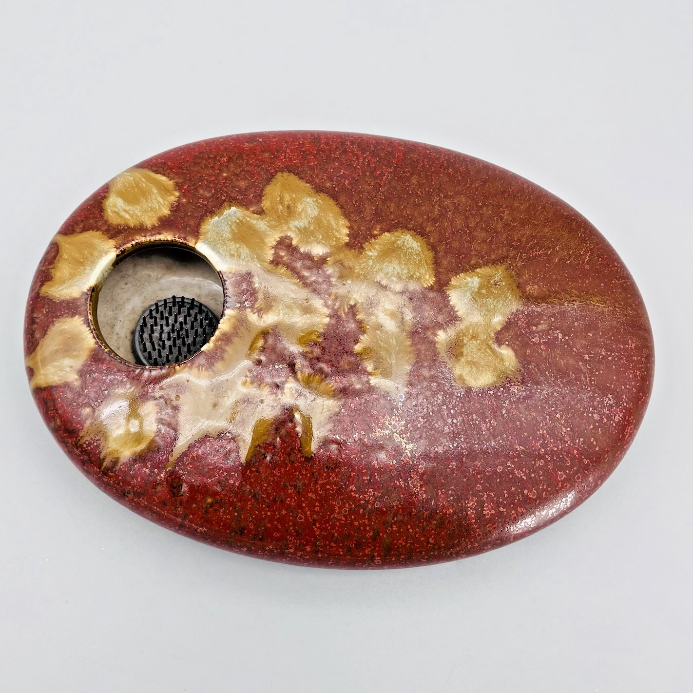 Ikebana Ceramic Red Gold Warm Tone Glazed Oval 9″ Floral Flower Frog Vase MCM