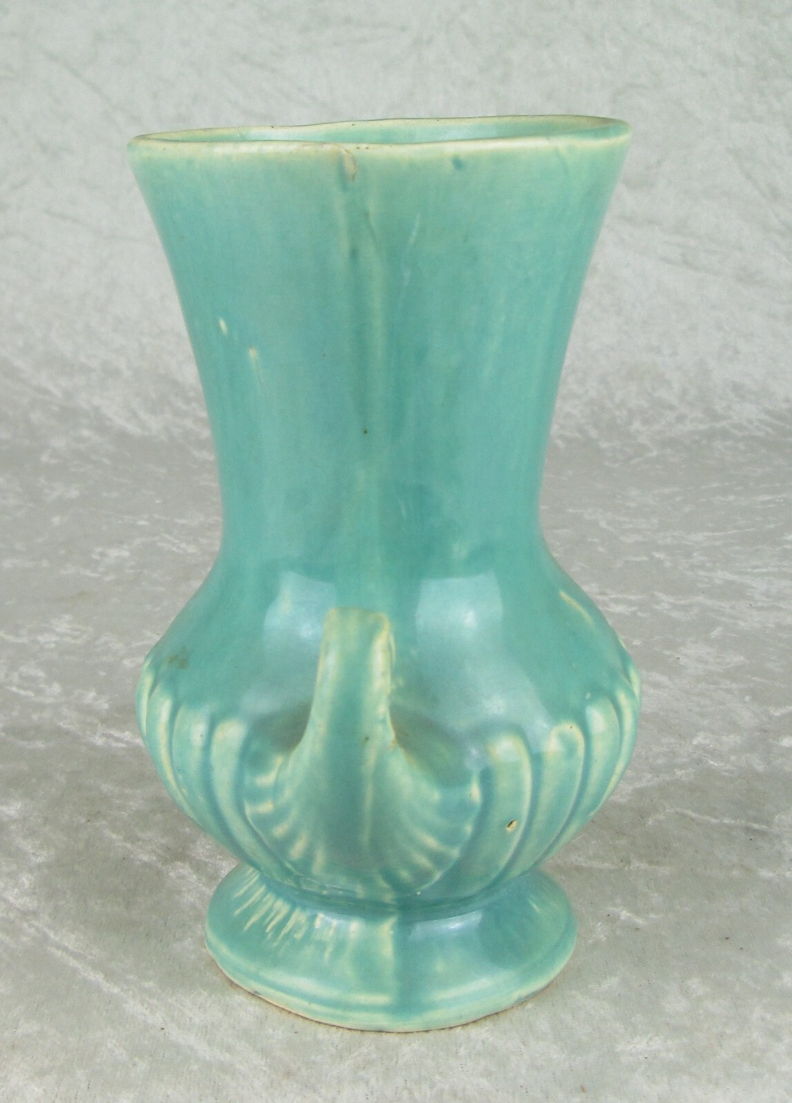 Brush McCoy Pottery Vase Turquoise Scroll Handle Classically Fluted 6-1/8in