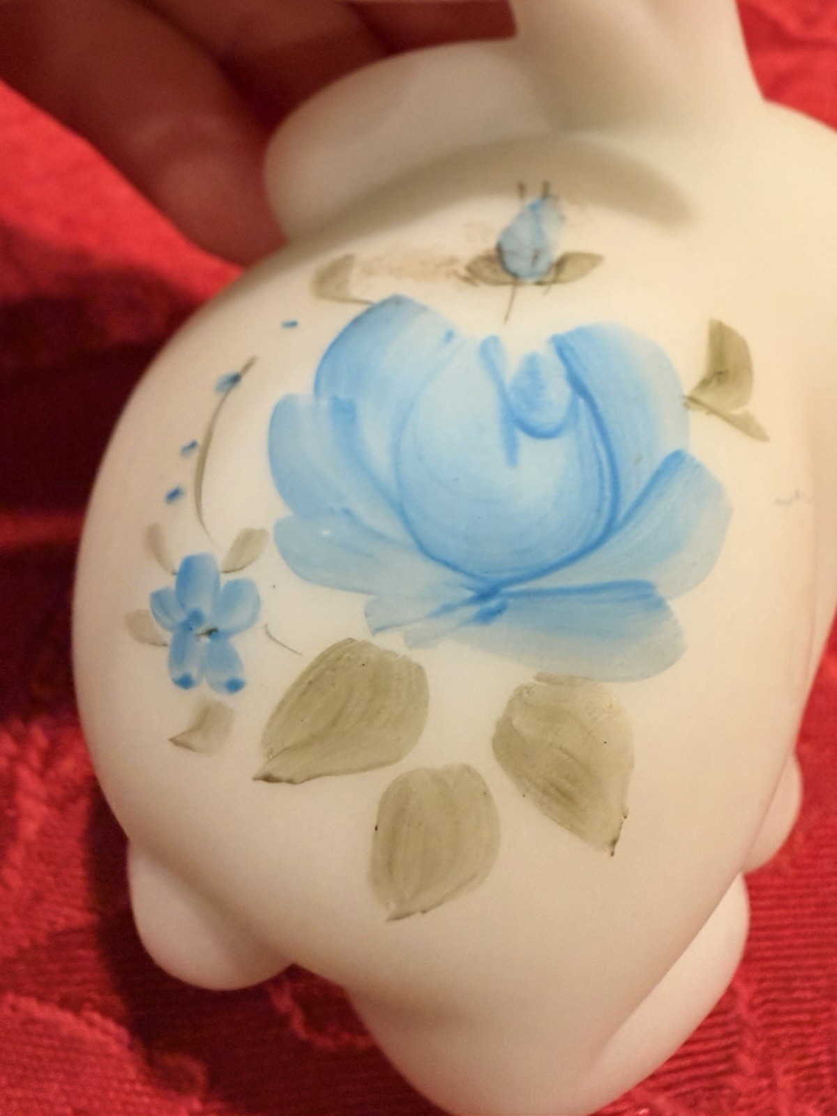 Charming Vintage Fenton Matte White With Blue Roses Bunny Figurine Signed