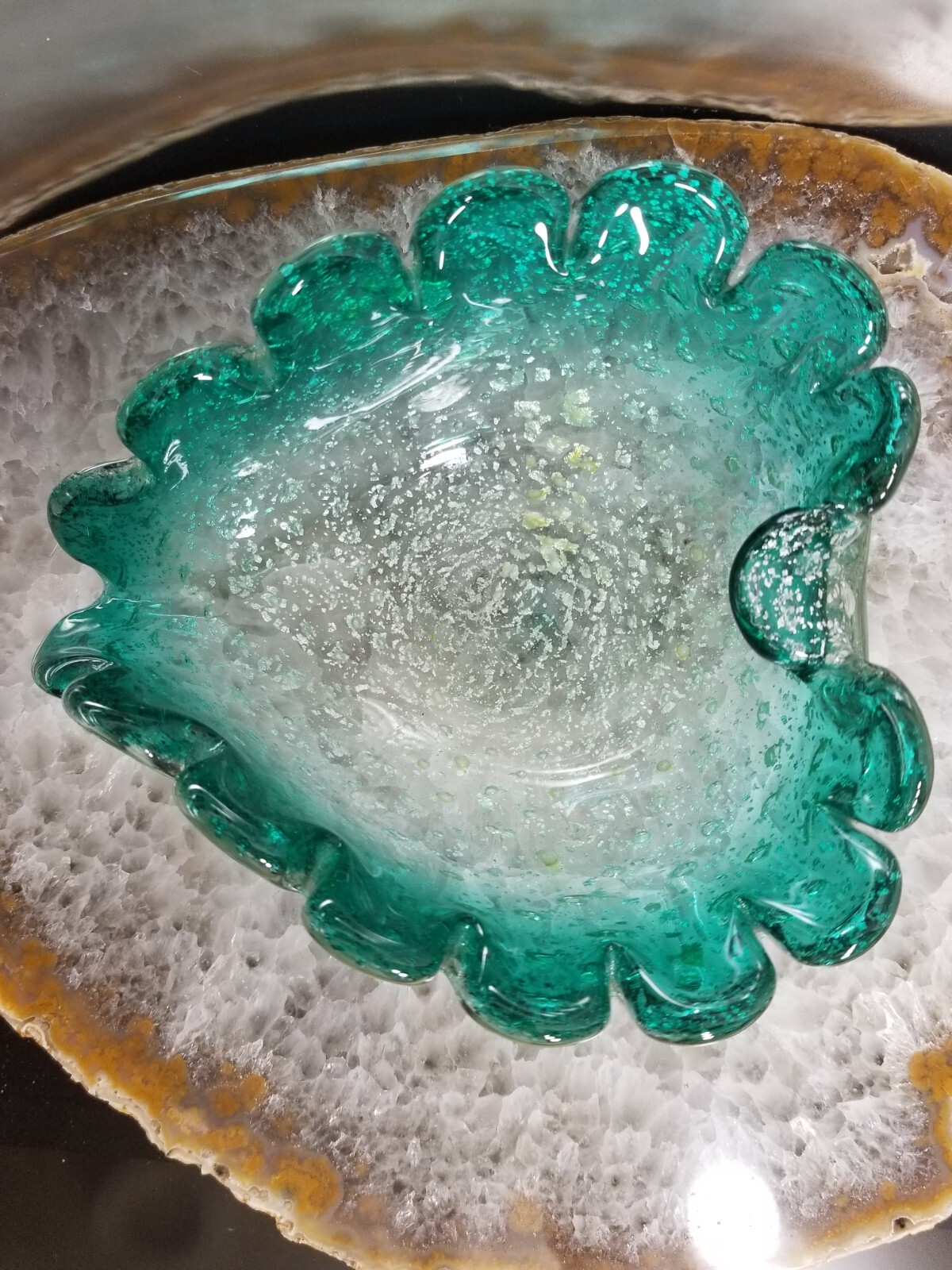 Vintage Murano Glass * Ashtray Bowl * Teal Blue * Silver Aventurine * 7″ * 0419