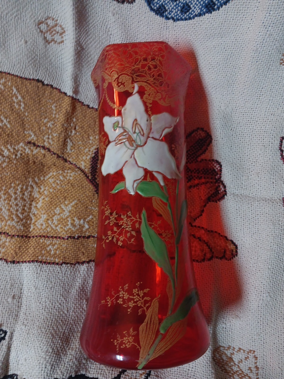 Antique Mont Joye Legras Art Glass Vase Easter LILY Heavy Hand Painted Enamel