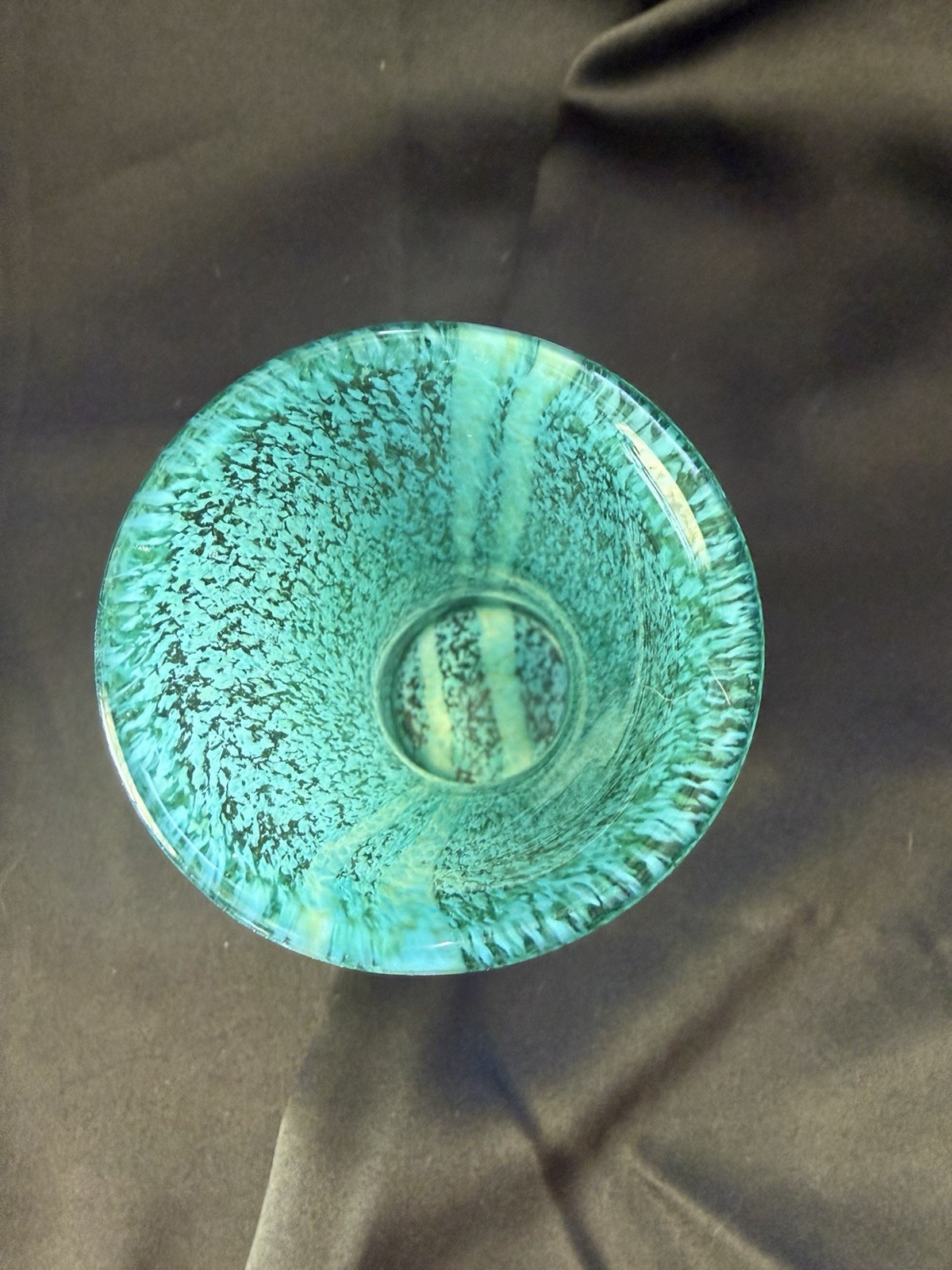 Hand Blown Glass Vase Teal With White Designs – 6 1/4 Inches Tall