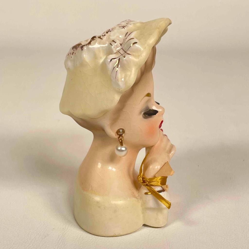 Vintage 1963 E-774 Ceramic Inarco MIJ Lady Head Thank You Vase With Earrings – J