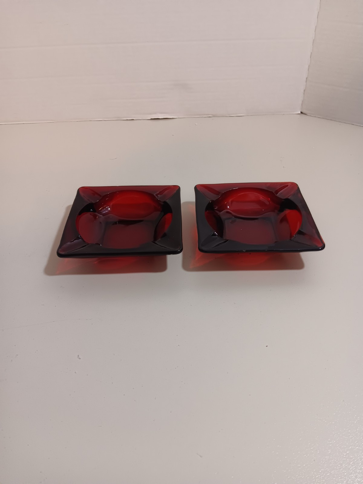 Lot of 2 – Anchor Hocking Ruby Red Ashtray Glass Royal Square 4 1/2″in Vintage