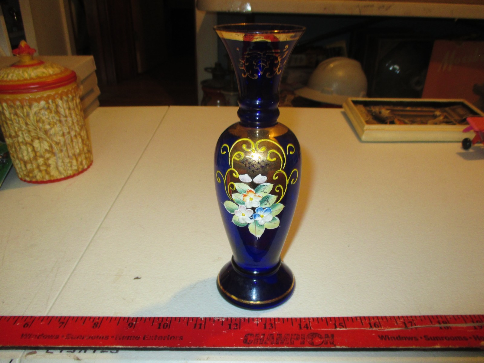 Vintage Norleans Japan Hand Painted Enamel Flowers W/ Gold Cobalt Blue Vase 8”