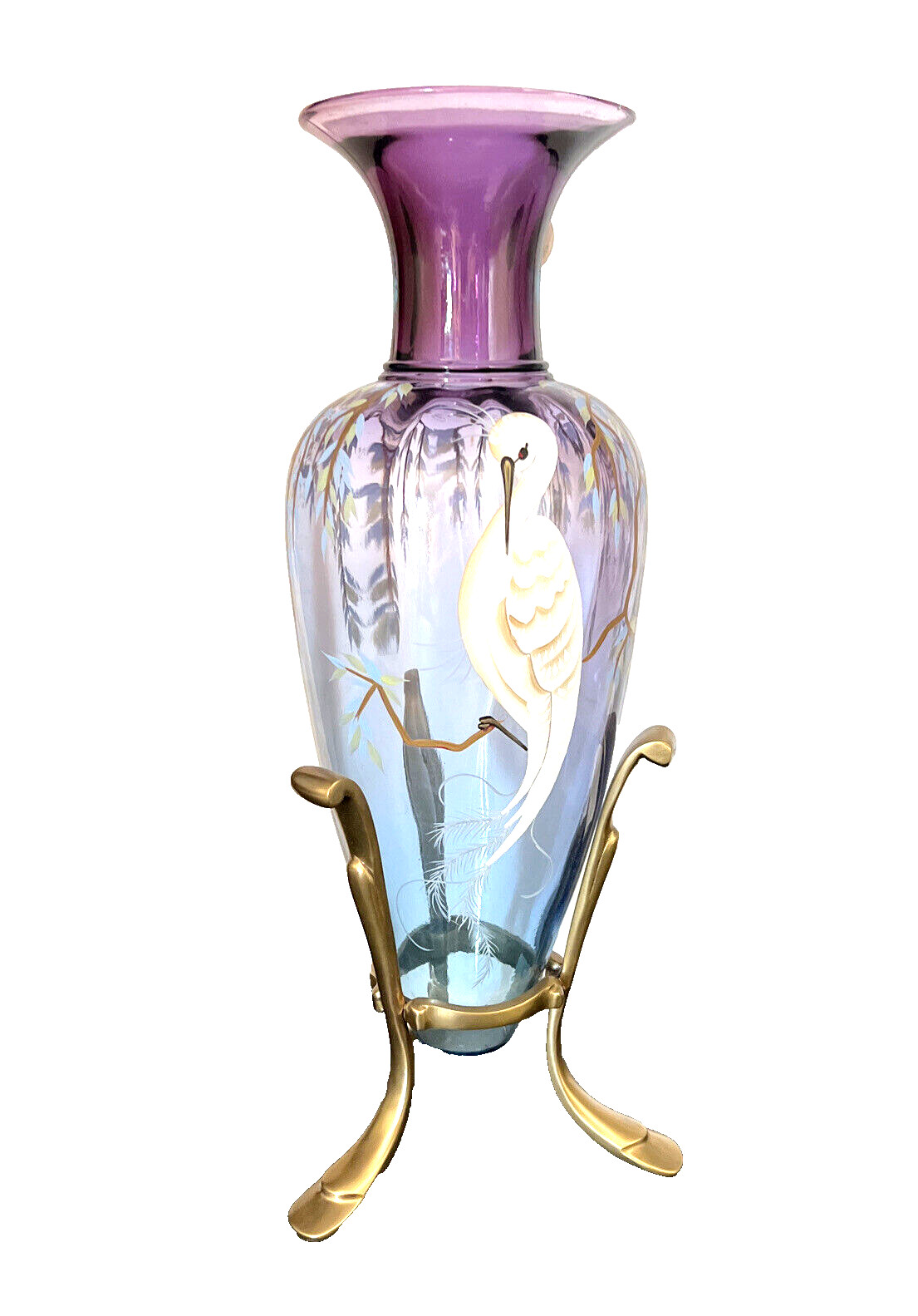 Fenton Art Glass Mulberry Blue Mystical Bird Amphora Vase 14.5 inches Signed