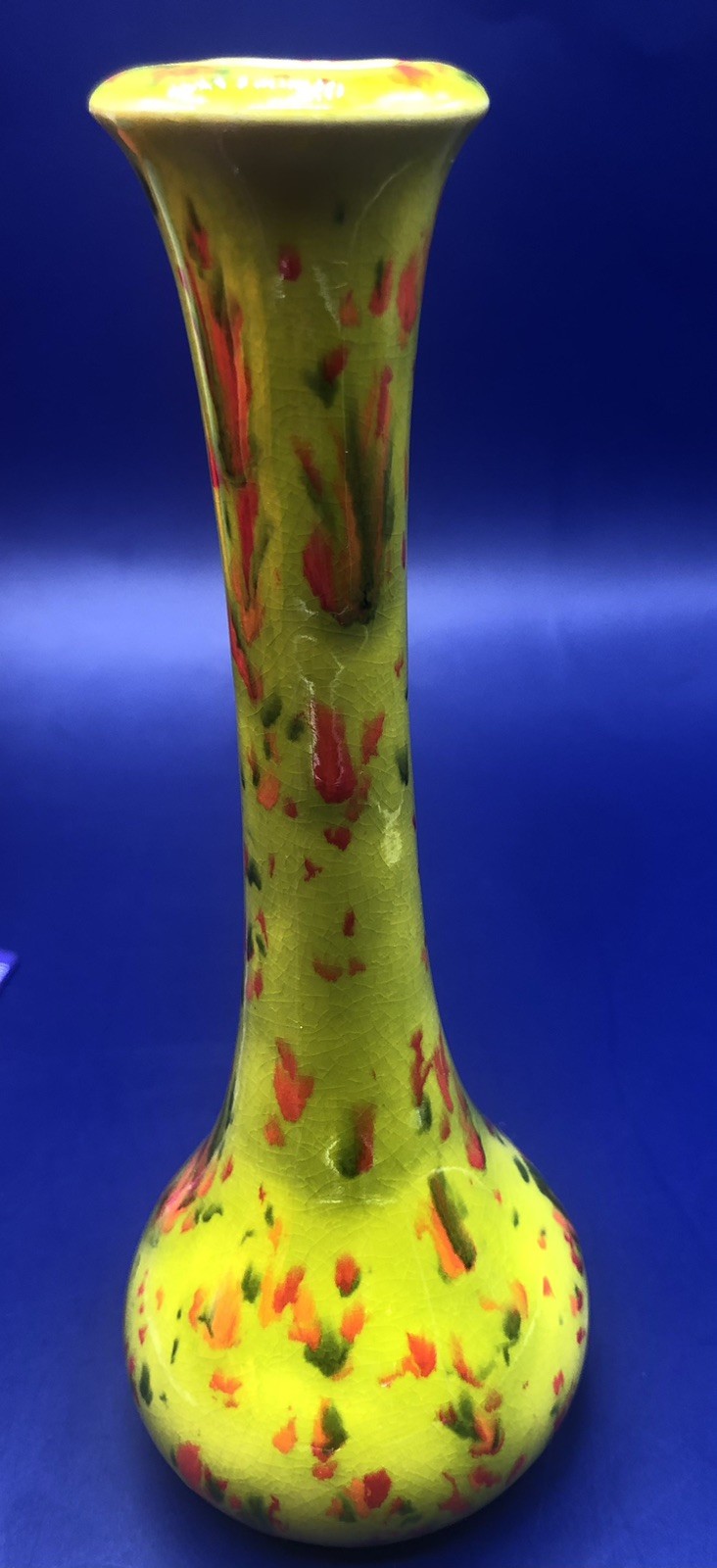 1970’s Vintage Lime Green Splatter Bud Vase, Signed 6.25”