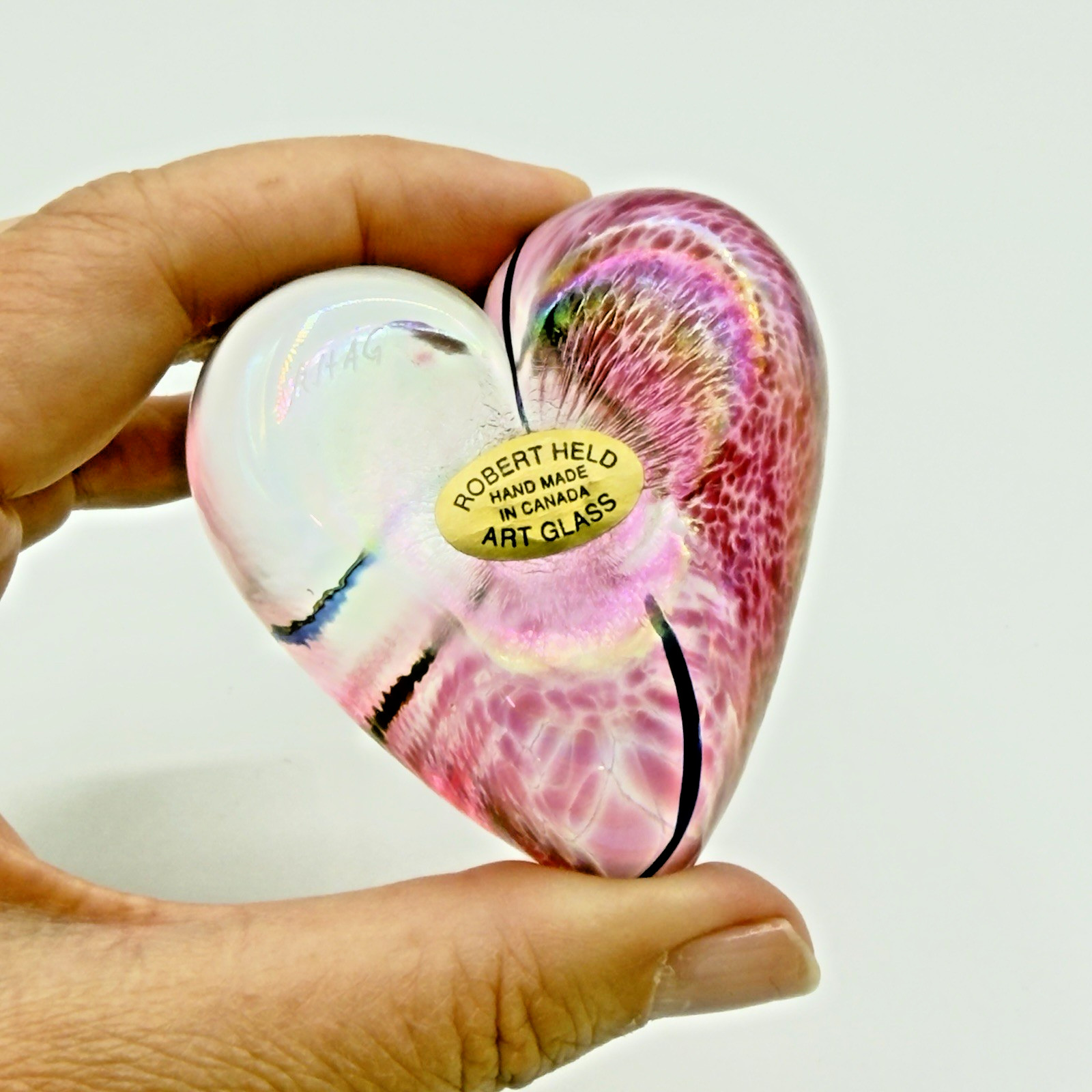 VTG Robert Held Art Glass Heart Paperweight Iridescent Signed RHAG Canada
