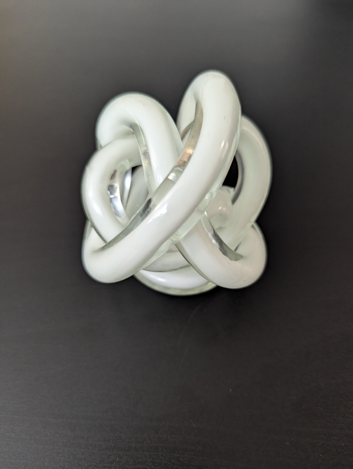 Hand Blown Art Glass White Twisted Rope Knot Ribbed Paperweight Sculpture
