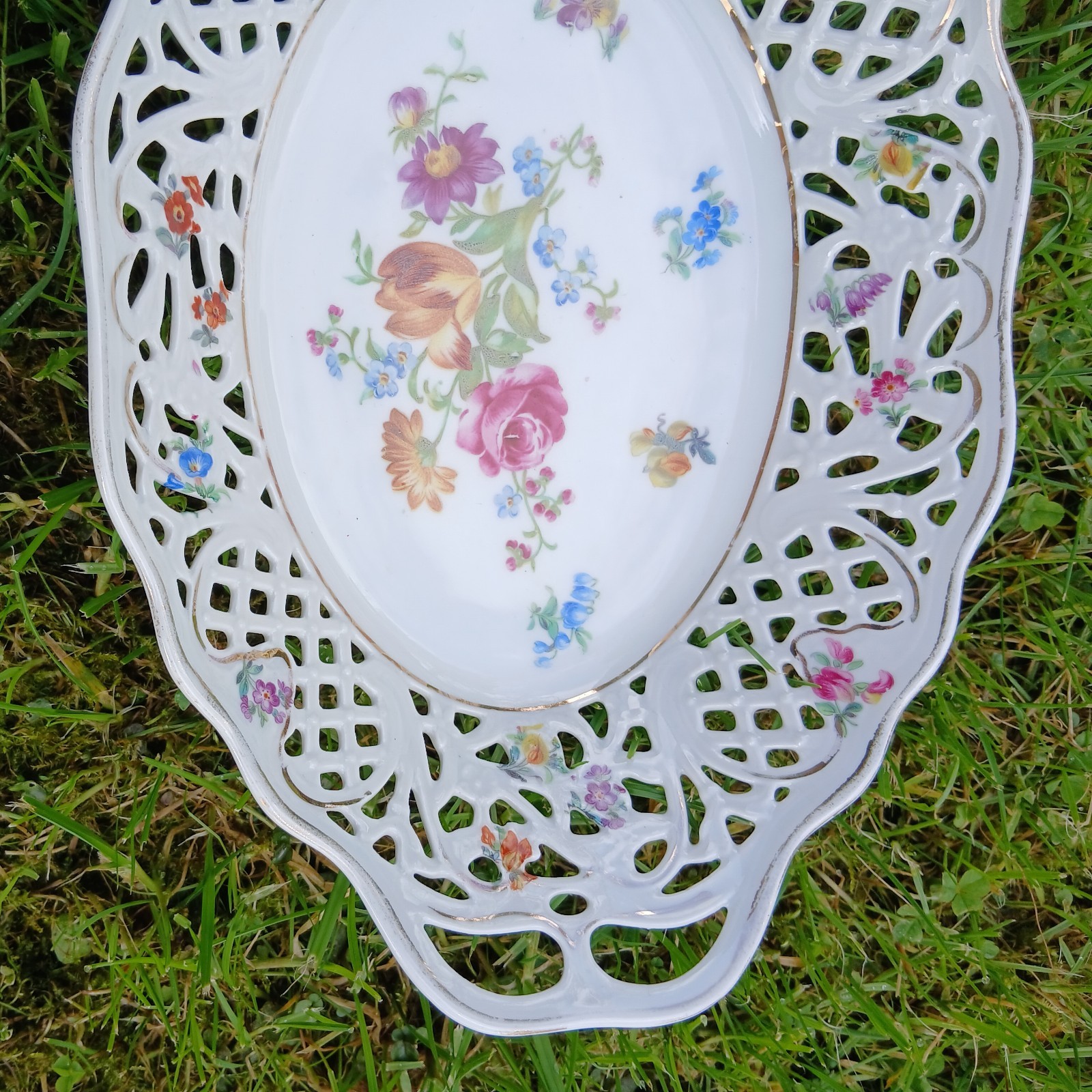Dresden Basket Porcelain Twin Handled Reticulated 26cm