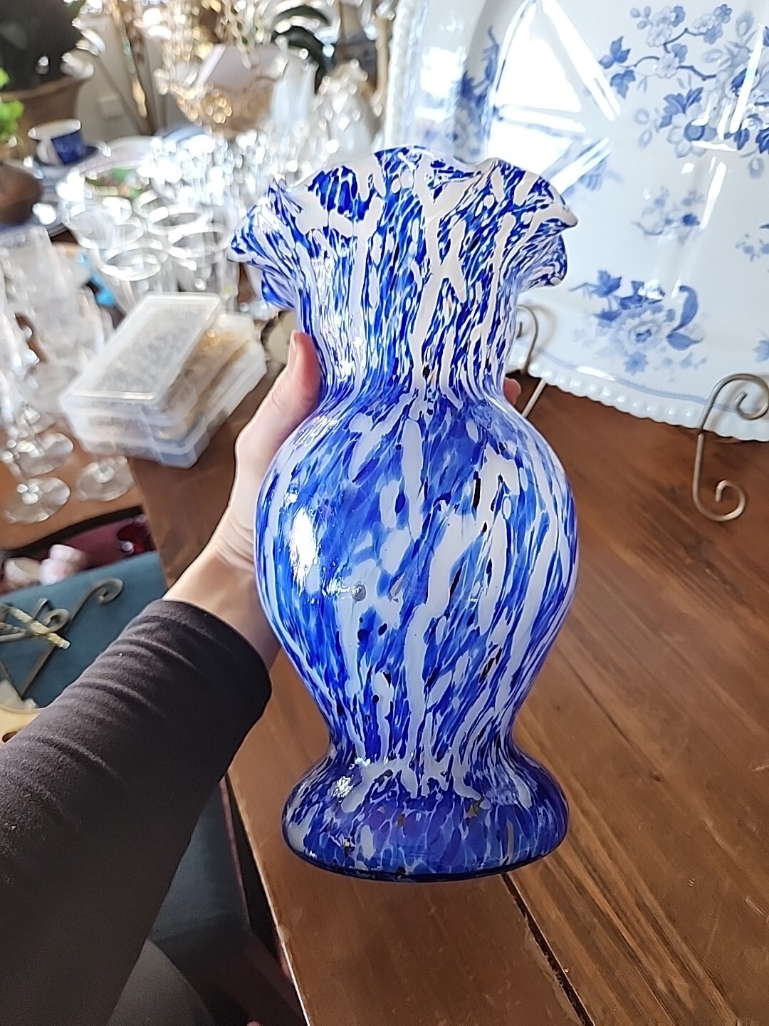 10″ 1970’s Cobalt Blue & White swirl splatter Art Glass Vase Ruffled Top