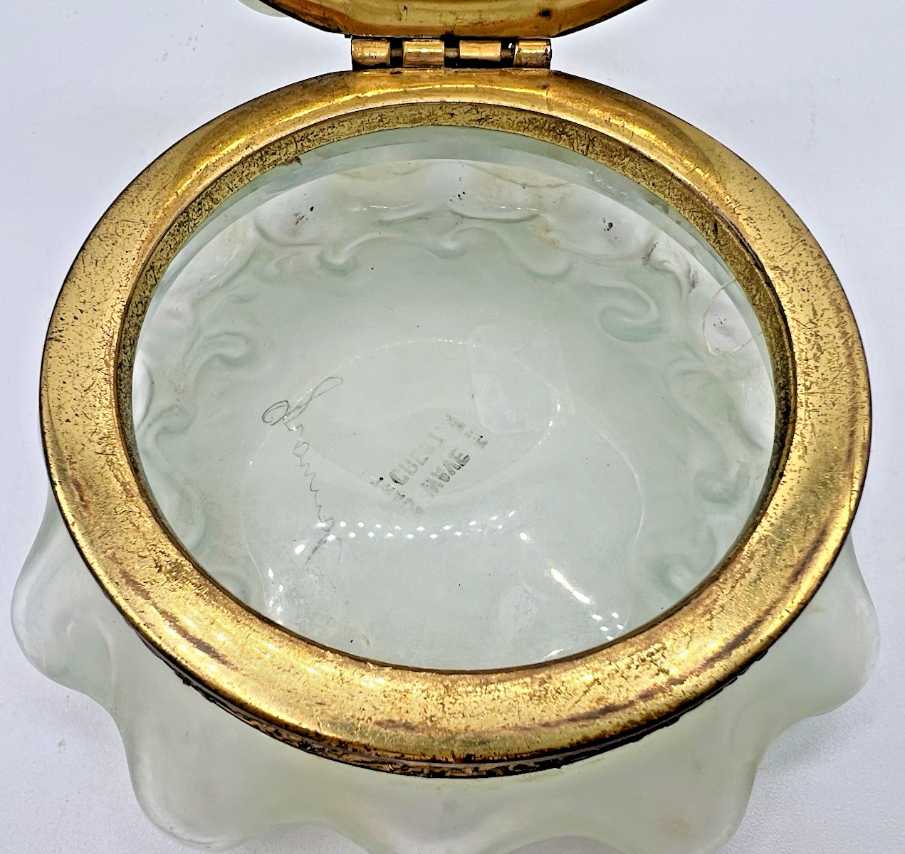 Wavecrest Hinged Dresser Box-Baroque Mold-Green Crystal With Pink Floral