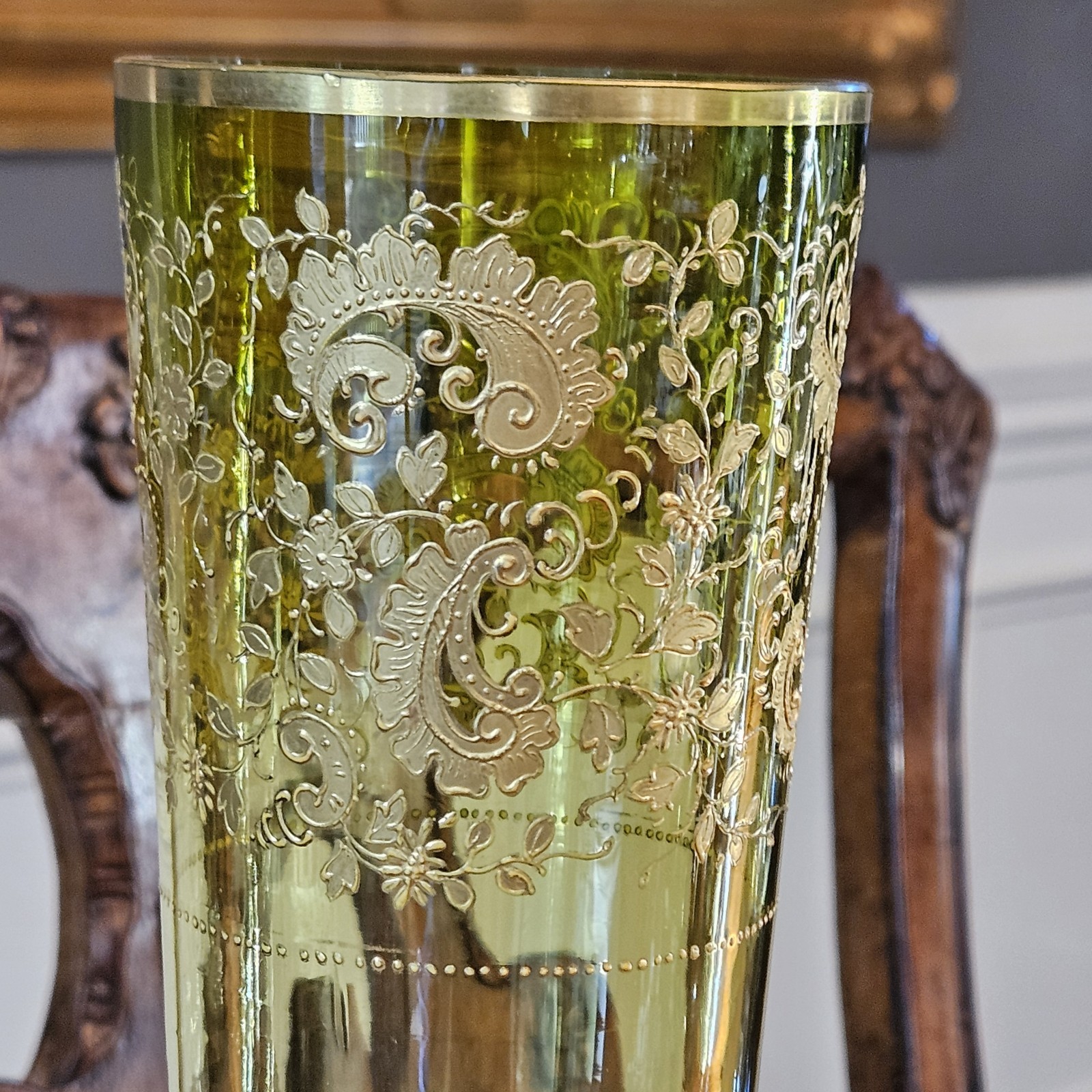 Moser Chartreuse To Clear Gold Enameled Jeweled Vase Flared Base