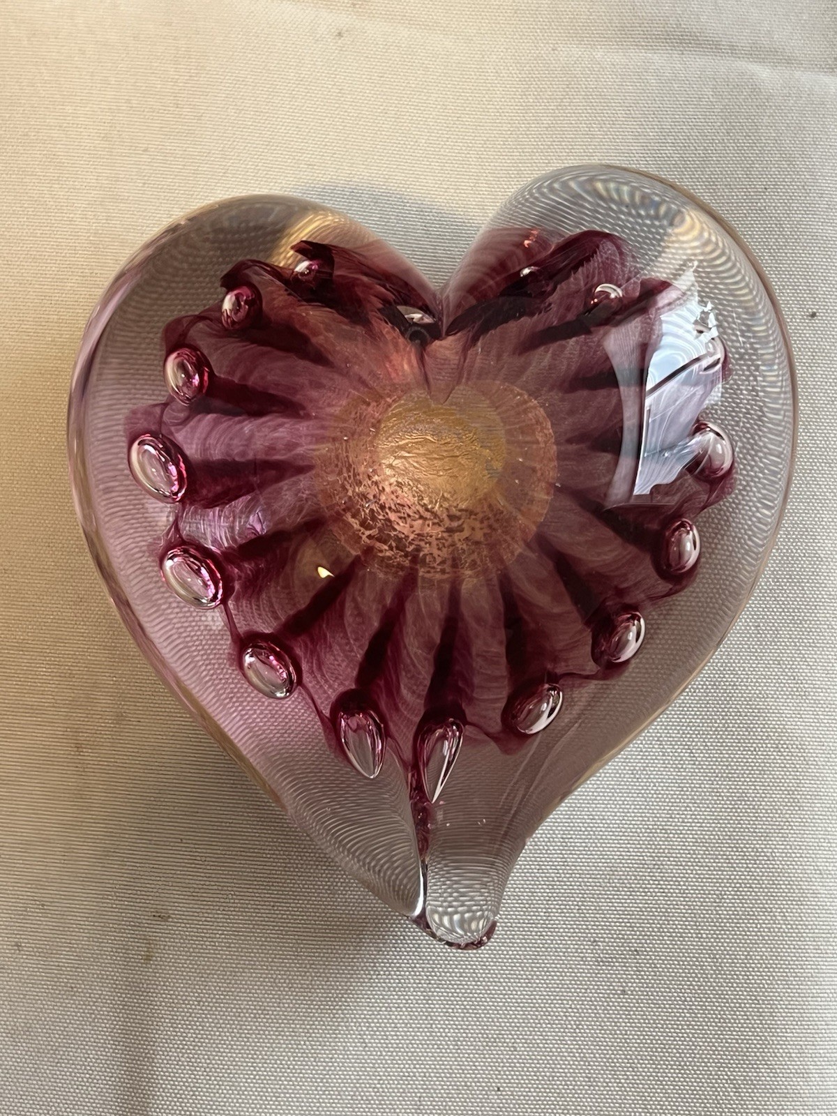 Clear Art Glass Heart With Cranberry And Gold Signed 3”