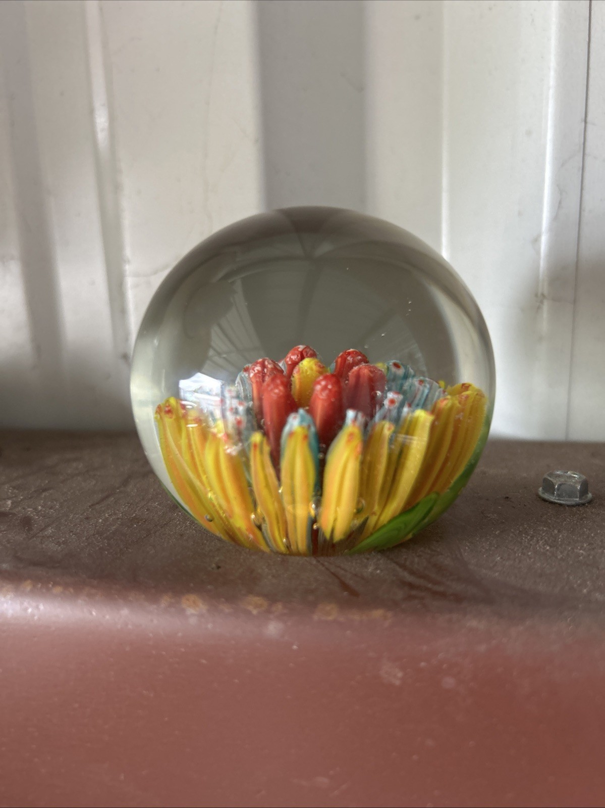 Vintage Murano Style Glass Millefiore 3 Inch Paperweight Yellow Blue And Pink