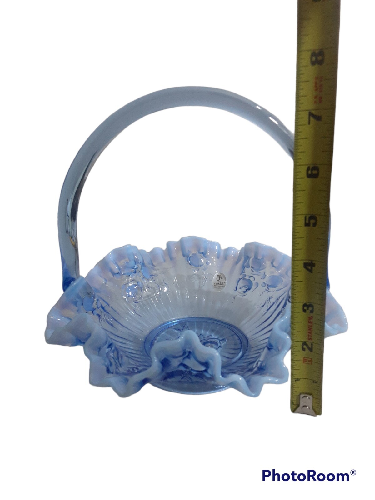 Fenton Glass Bride Basket Raffled Lavender Blue Opalescent Cabbage Rose Vintage