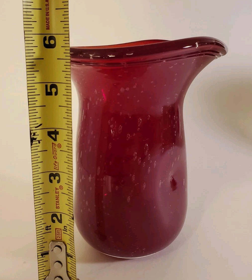 Vintage Hand Blown Art Glass Vase Bubbles Cranberry Red Pinched 6 in × 4.75 in