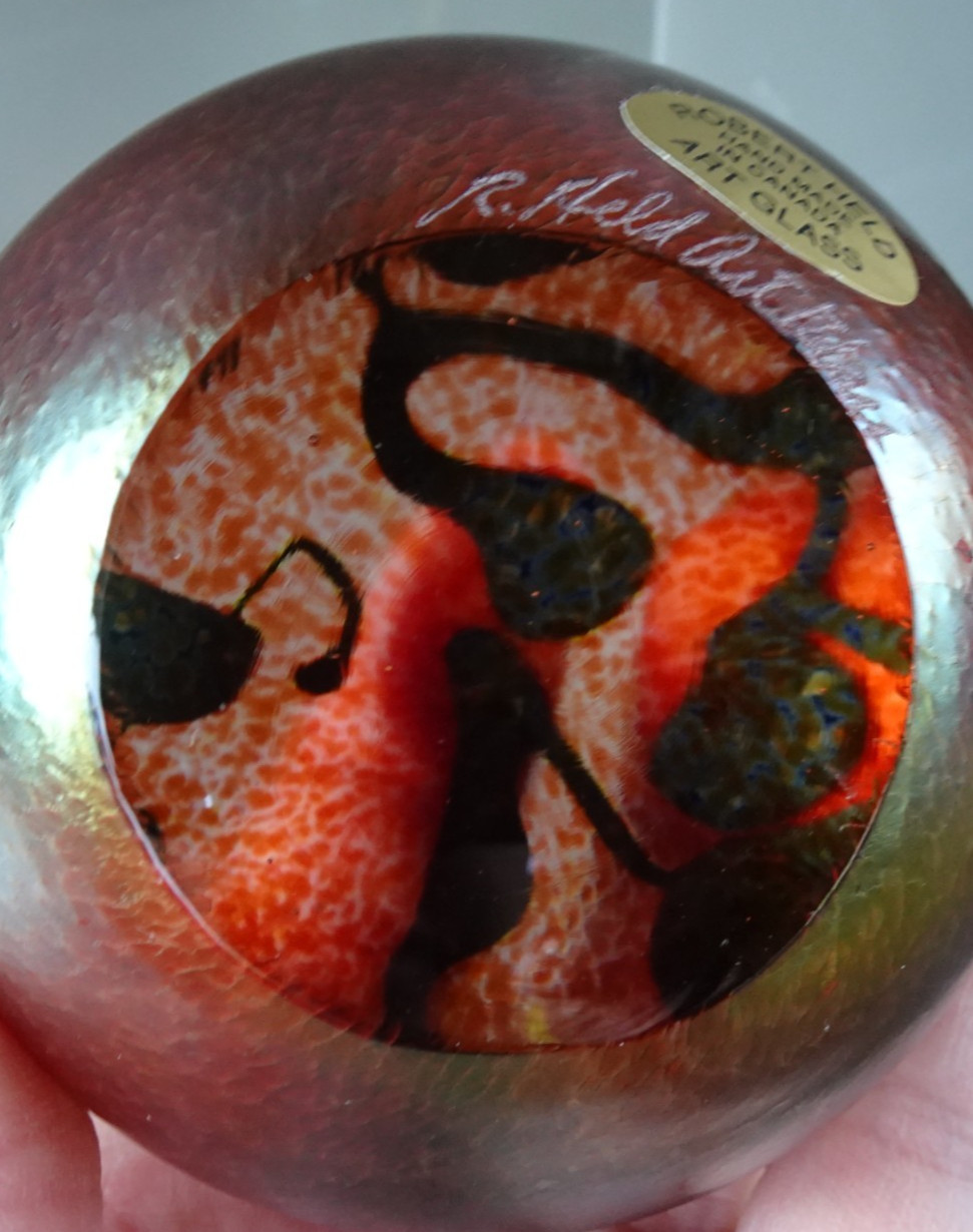 3.2″ Signed Robert Held Art Glass Metallic Threads Paperweight w/ Label