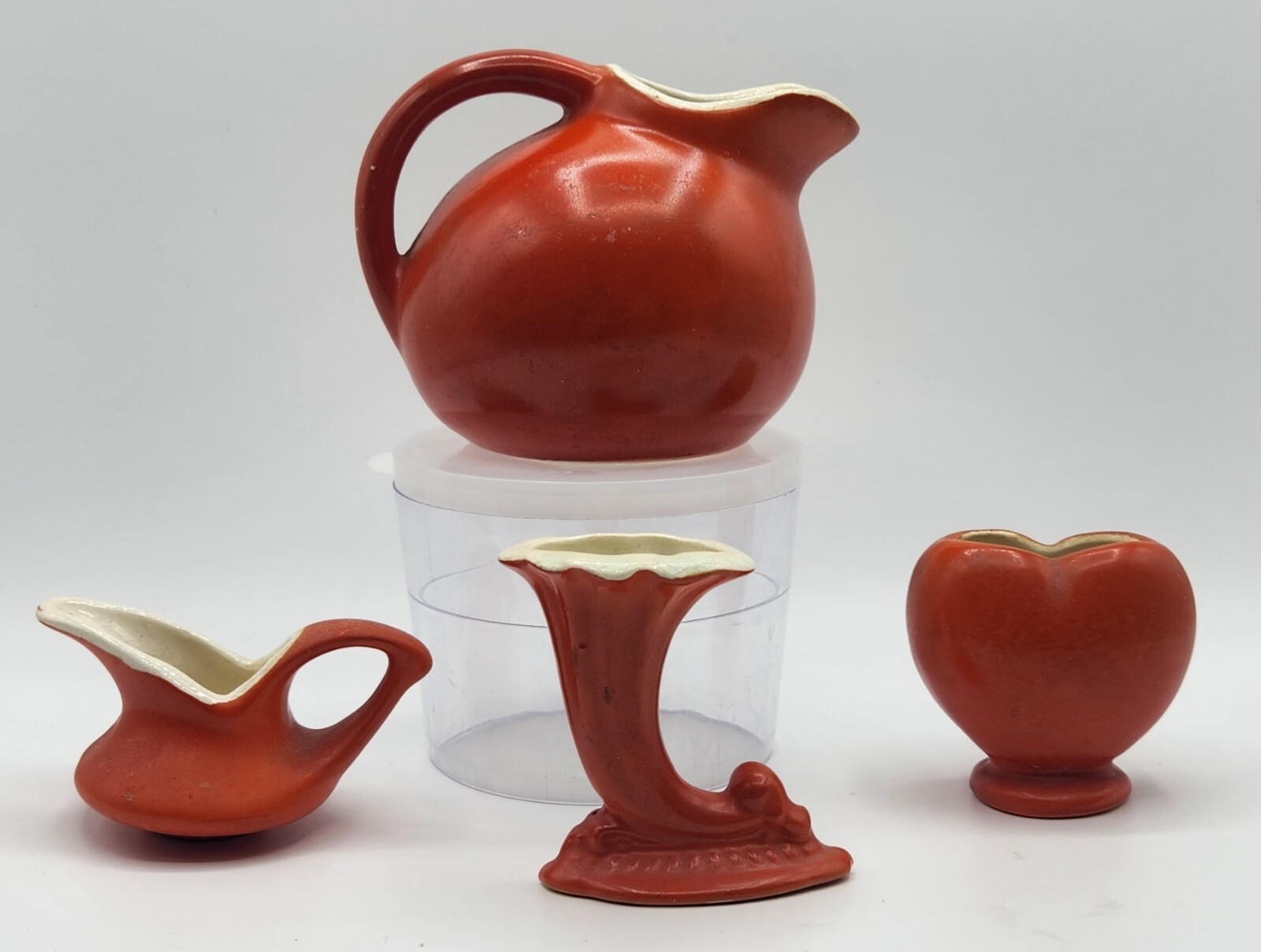 (LOT OF 4) Persimmon Colored 1960’s Pottery Pieces, Bud Vases, Creamer, Pitcher