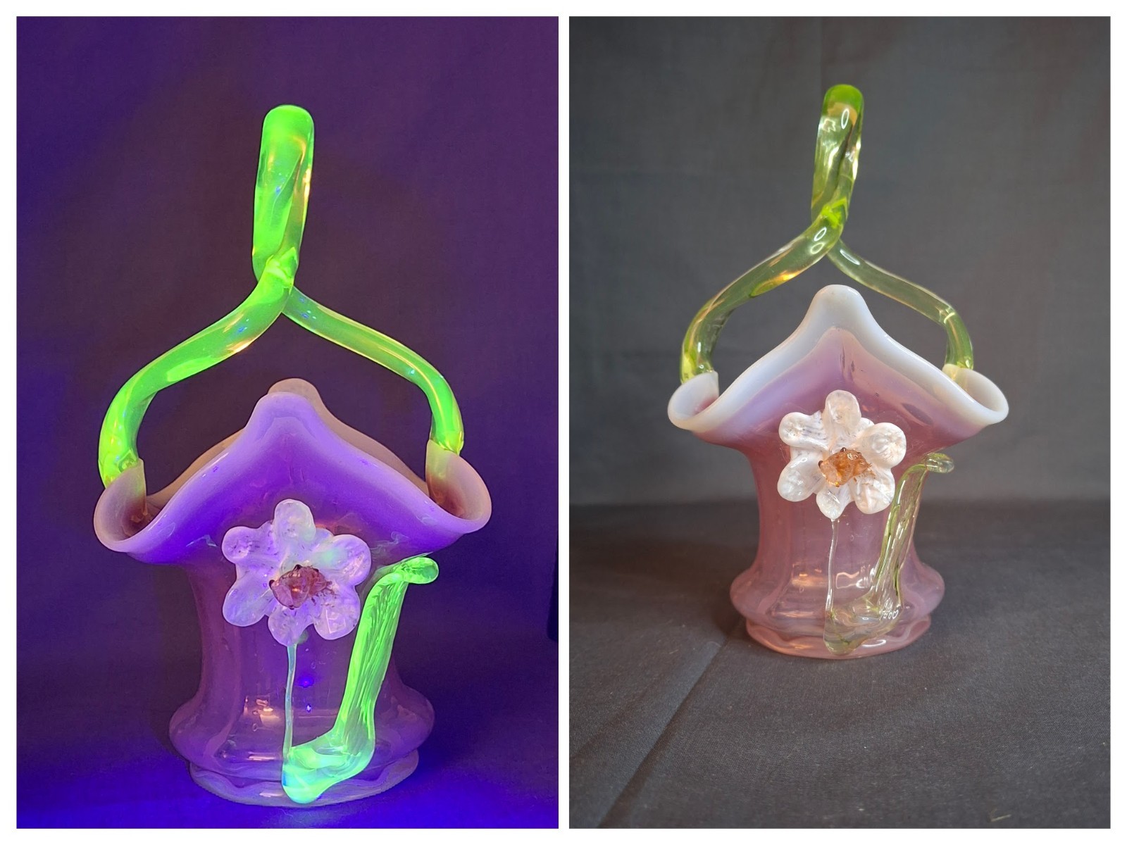 Antique Stevens & Williams Art Glass Basket Pink Opalescent Uranium Glass 1880s