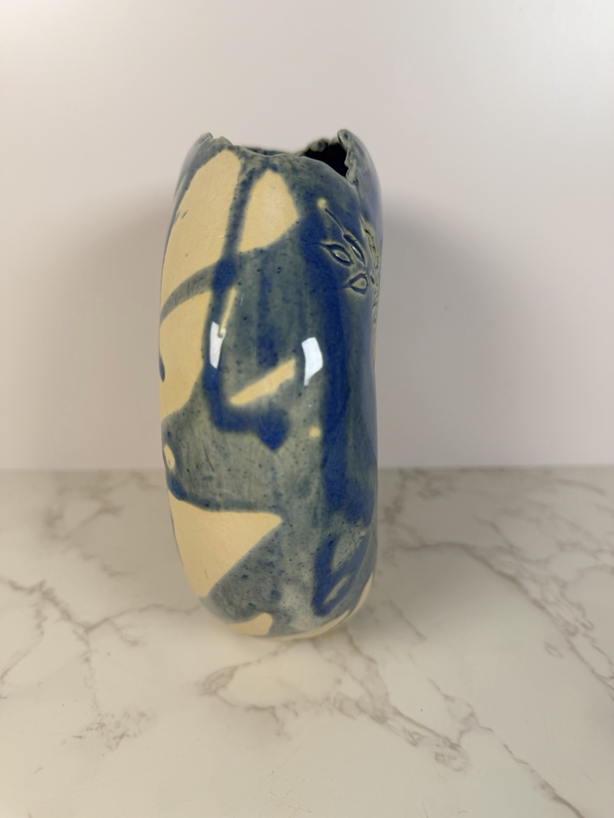 Primitive Clay Vase Handmade Brutalist Drip Glazed Incised Design Unique Signed