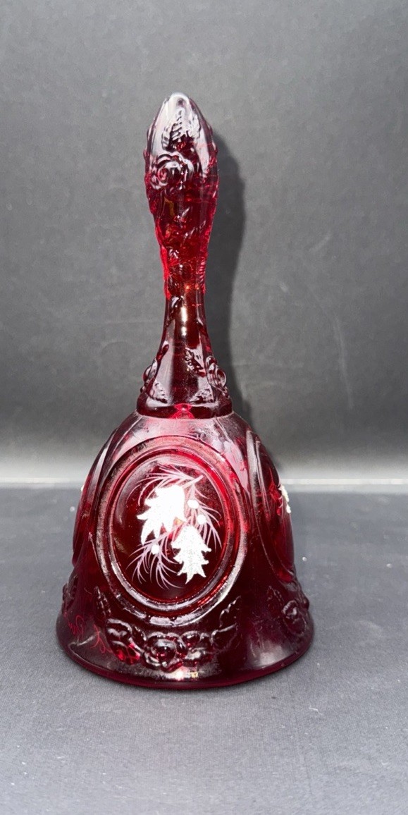 Holiday Vintage Fenton Ruby Red Glass Bell Hand Painted Signed Pam A