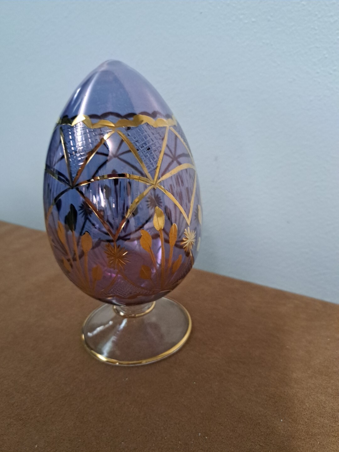 Egypt Gold Etched Art Glass Blown Egg 7 Inch