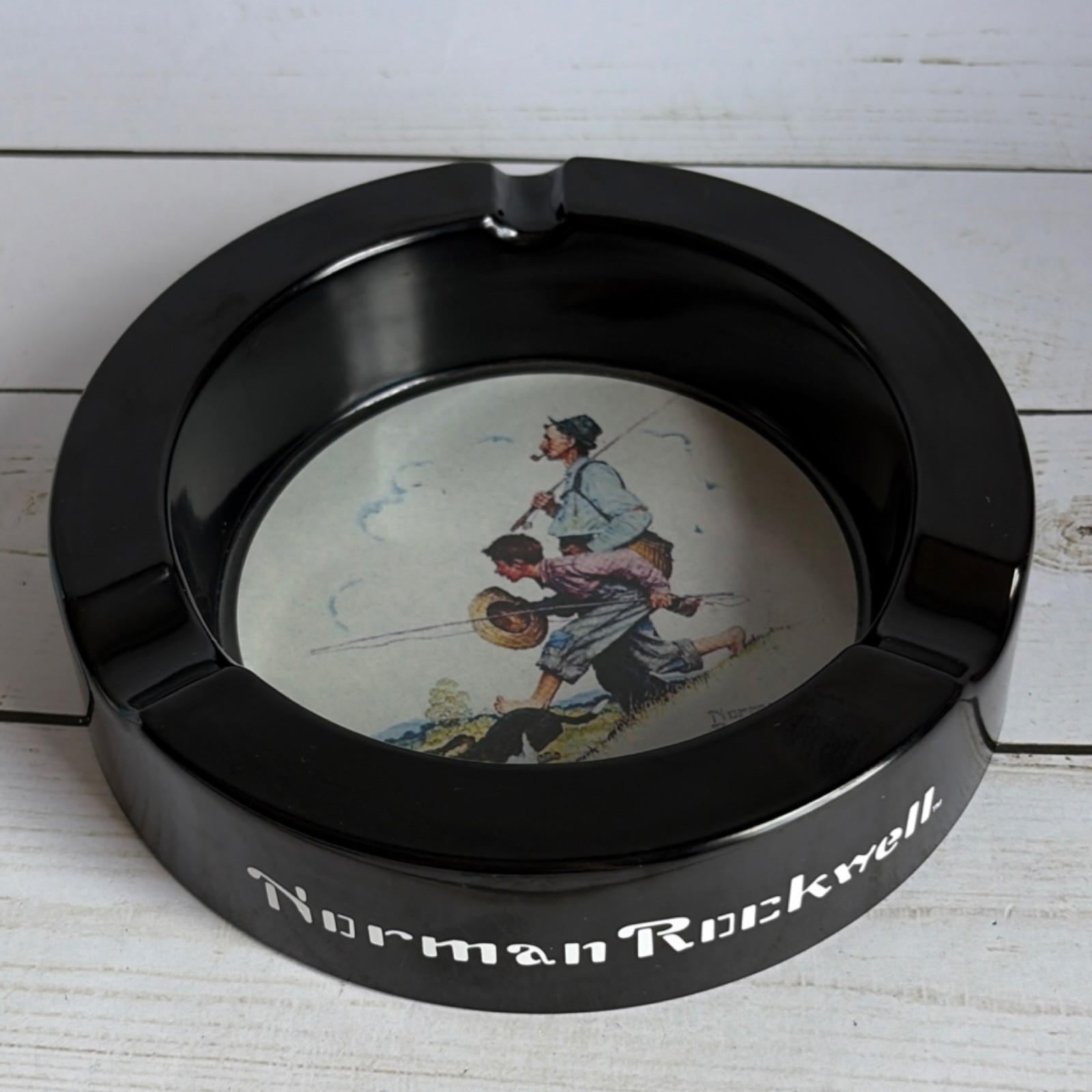 American Scene Boy with Dog Norman Rockwell Tabletop Cigar Black Ashtray