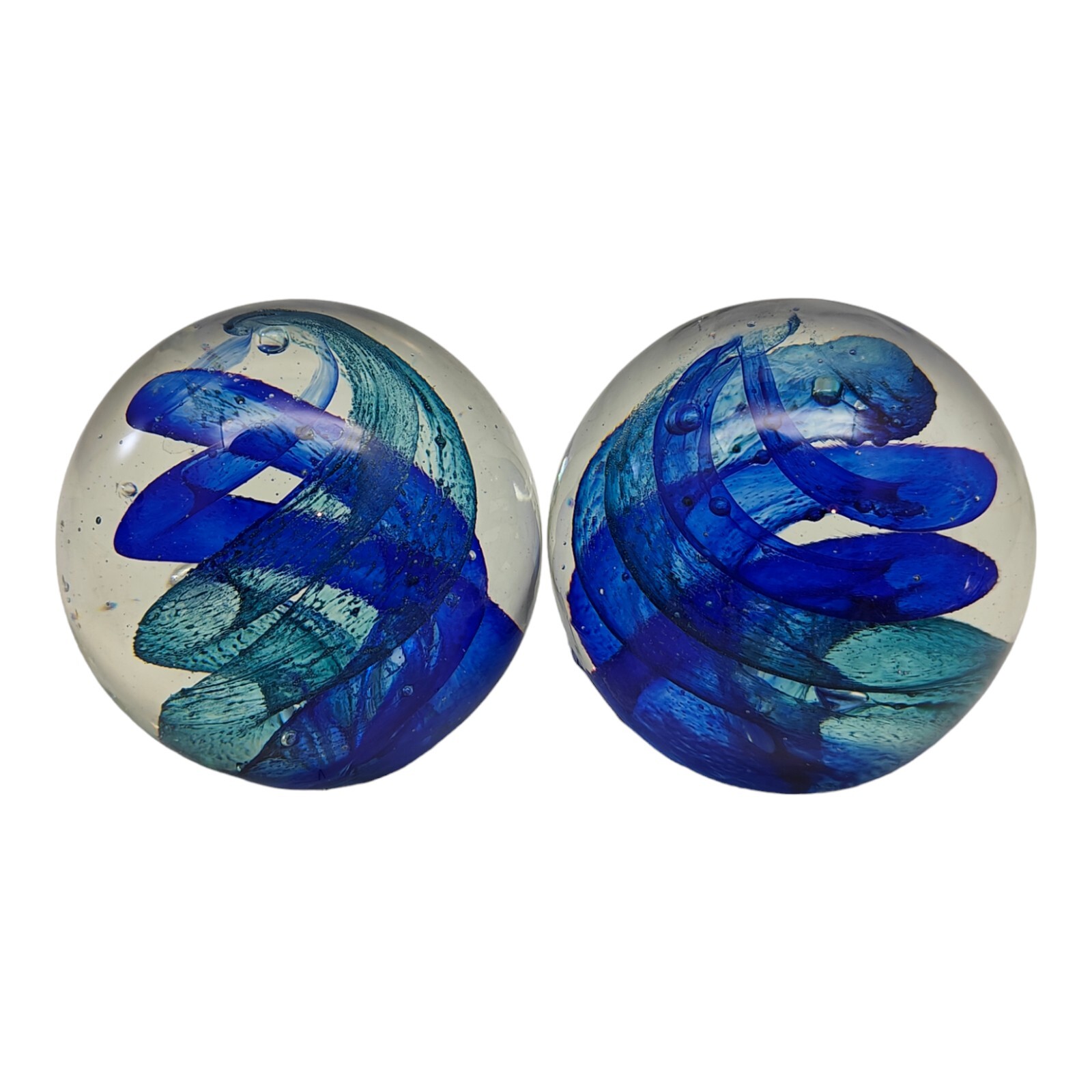 Art Glass Paperweights Cobalt Blue Swirls Lot Of 2