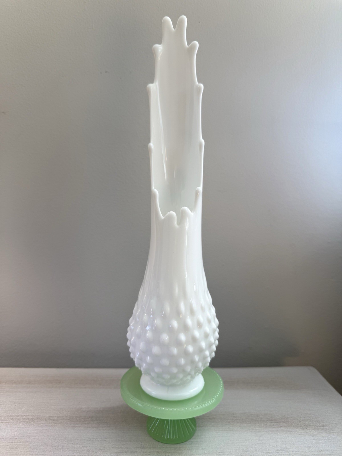 MCM FENTON Swung Vase Vintage White Milk Glass – Hobnail, 14.5”x3”, Footed