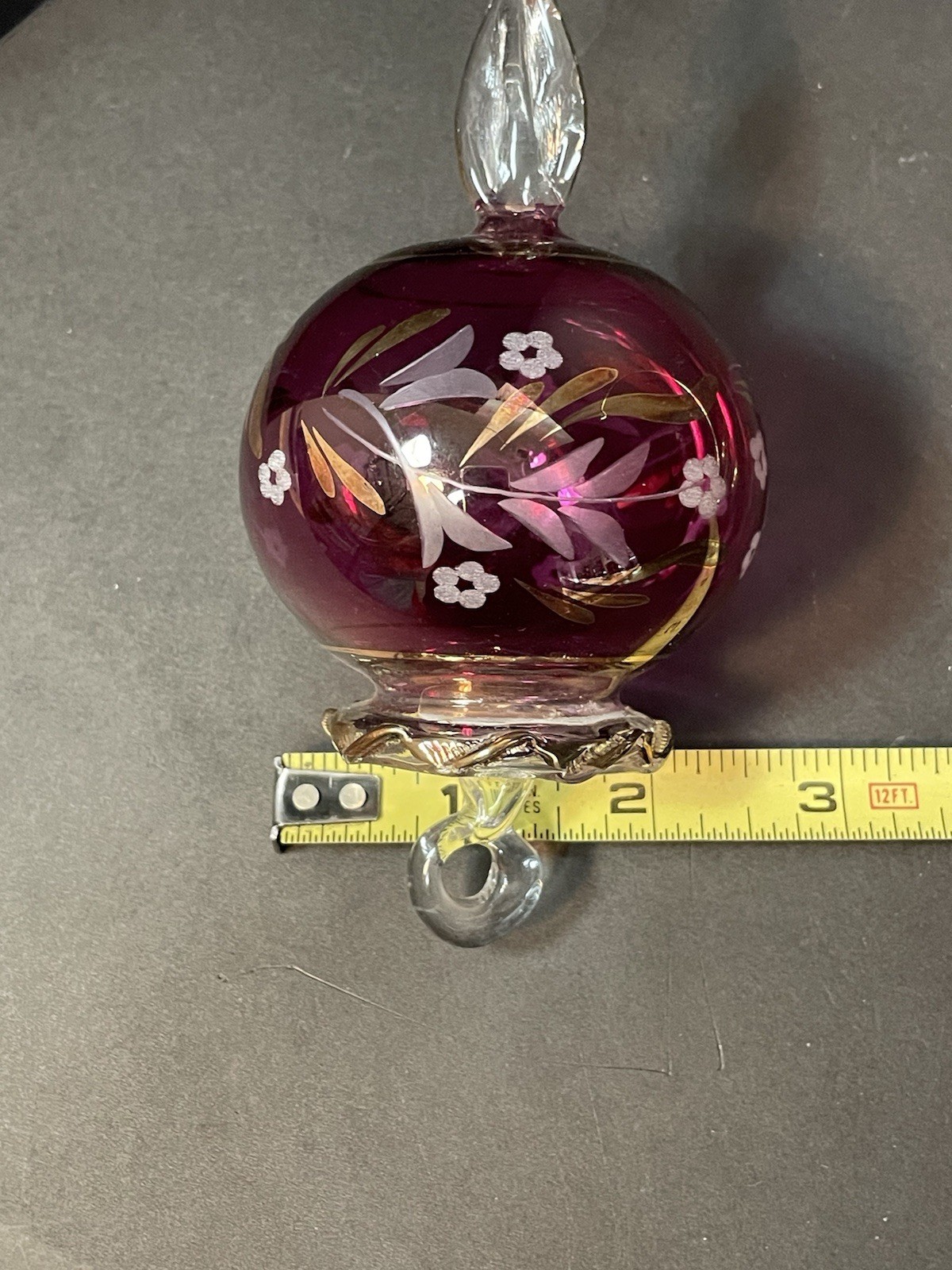 Hand Blown Cranberry Glass Teardrop Christmas Ornament w/ Etched Flowers