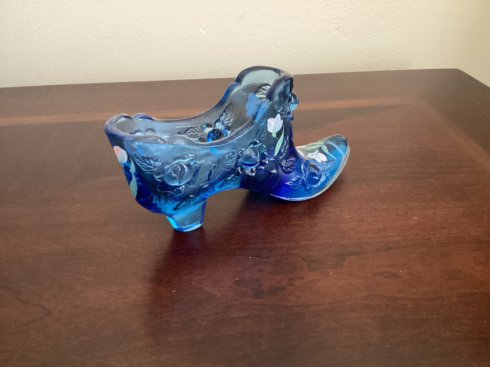 Vintage Fenton Blue Hand Painted Flowers Glass Shoe