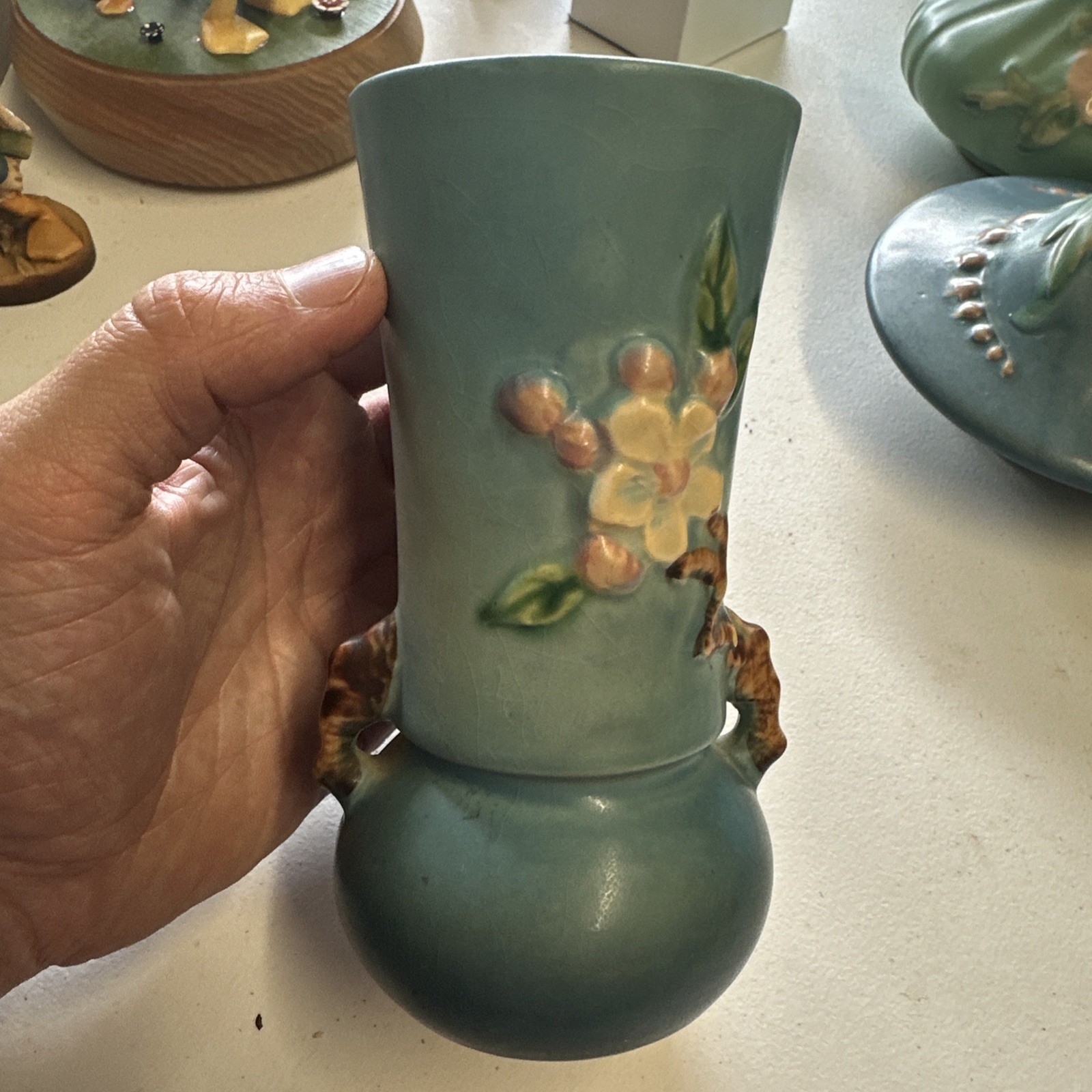 Roseville Pottery Apple Blossom Blue Vase #38 – 6” Vintage Floral Art Pottery