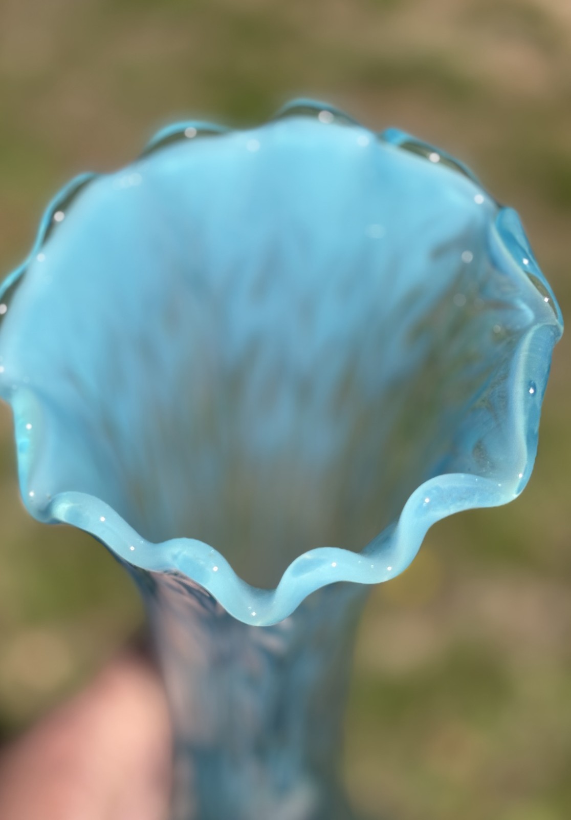 Jefferson Blue Aqua Opalescent Glass Heatherbloom Swung 11″ Vase Intro 1905