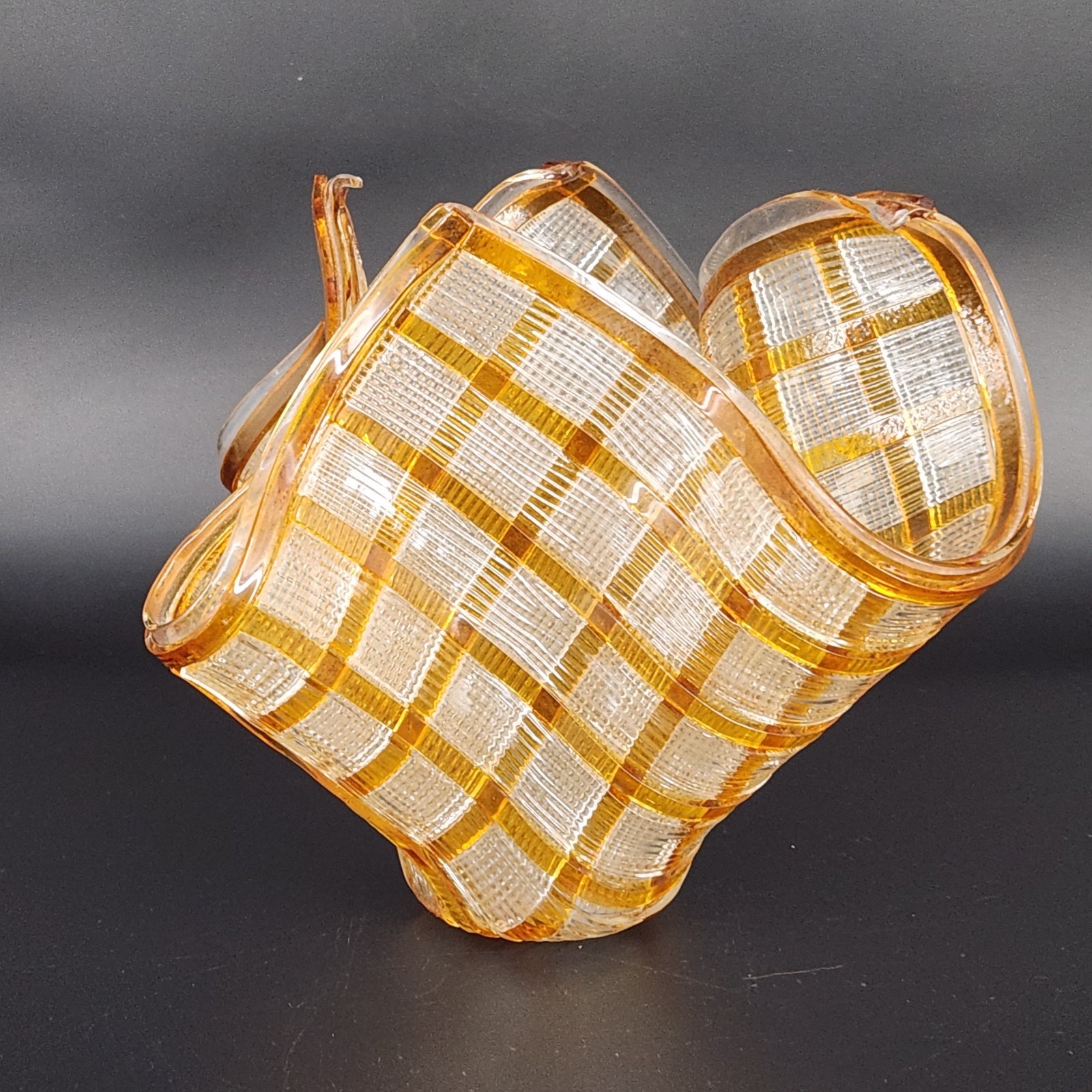 Signed Fused Art Glass Vase Sculpture Orange Clear Textured Checkerboard 2014