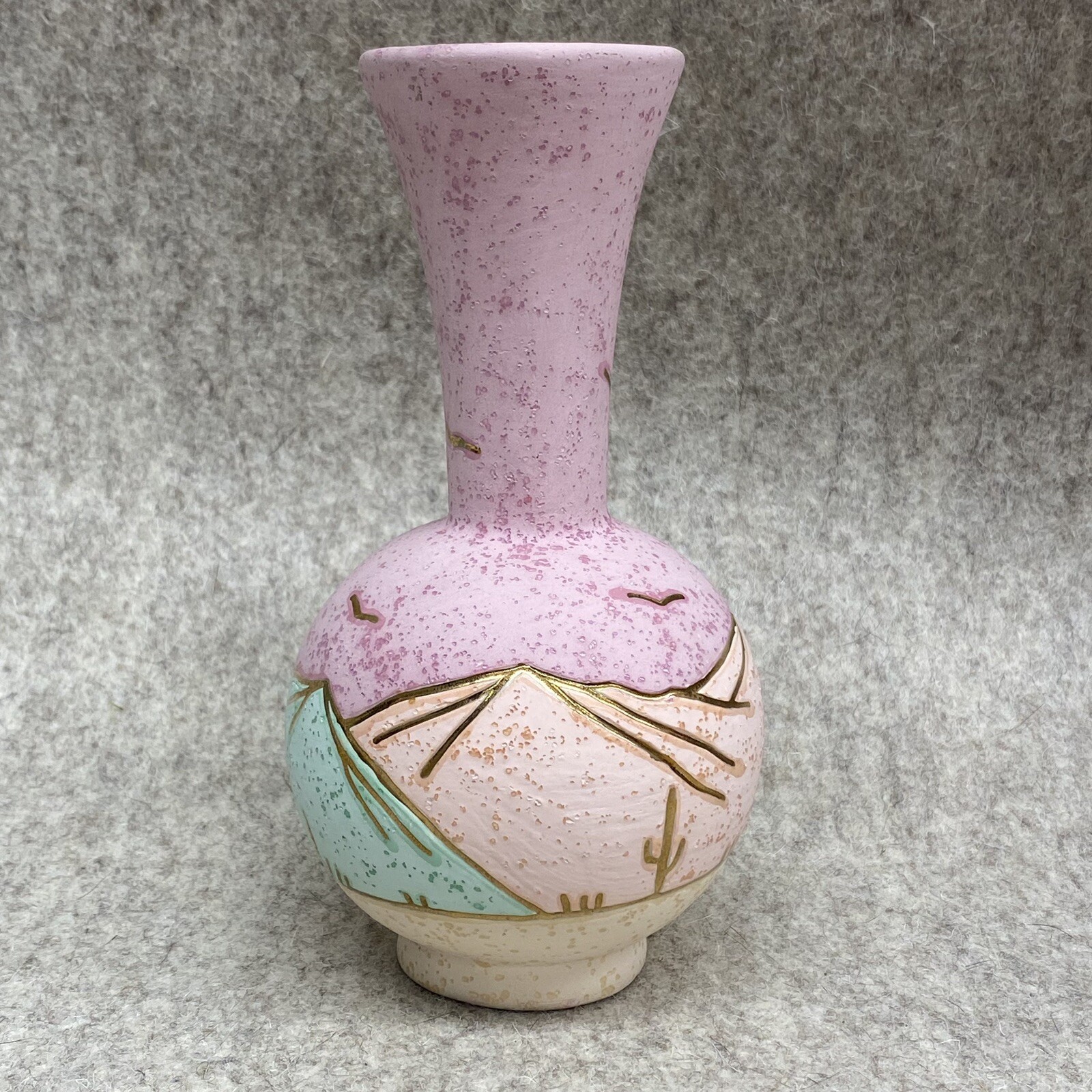 Southwest Pottery Vase Pink Peach Green Gold Inlaid Accents Mountains Signed