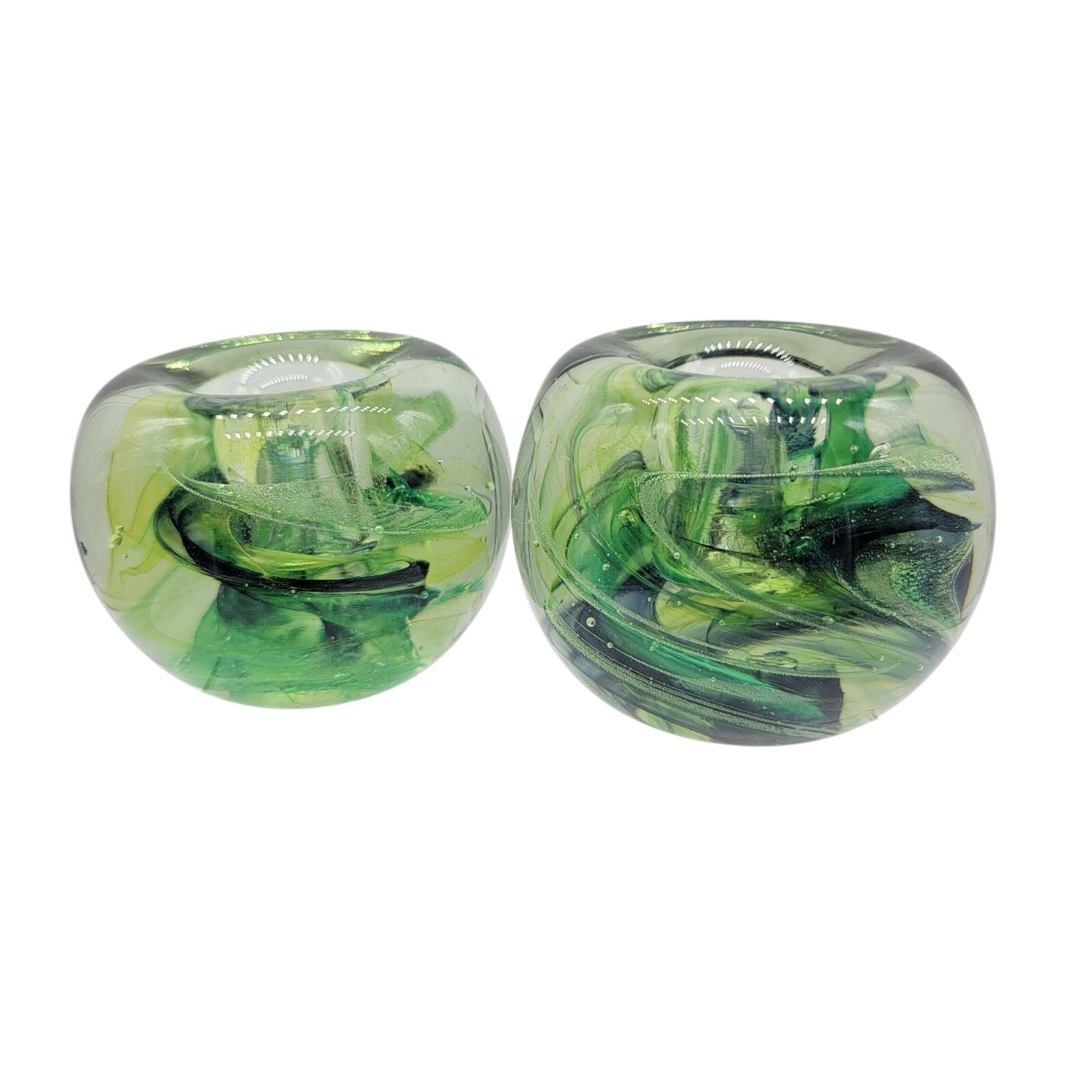 Kerry Glass Handcrafted Blown Green Yellow Swirl Taper Candle Holders Set