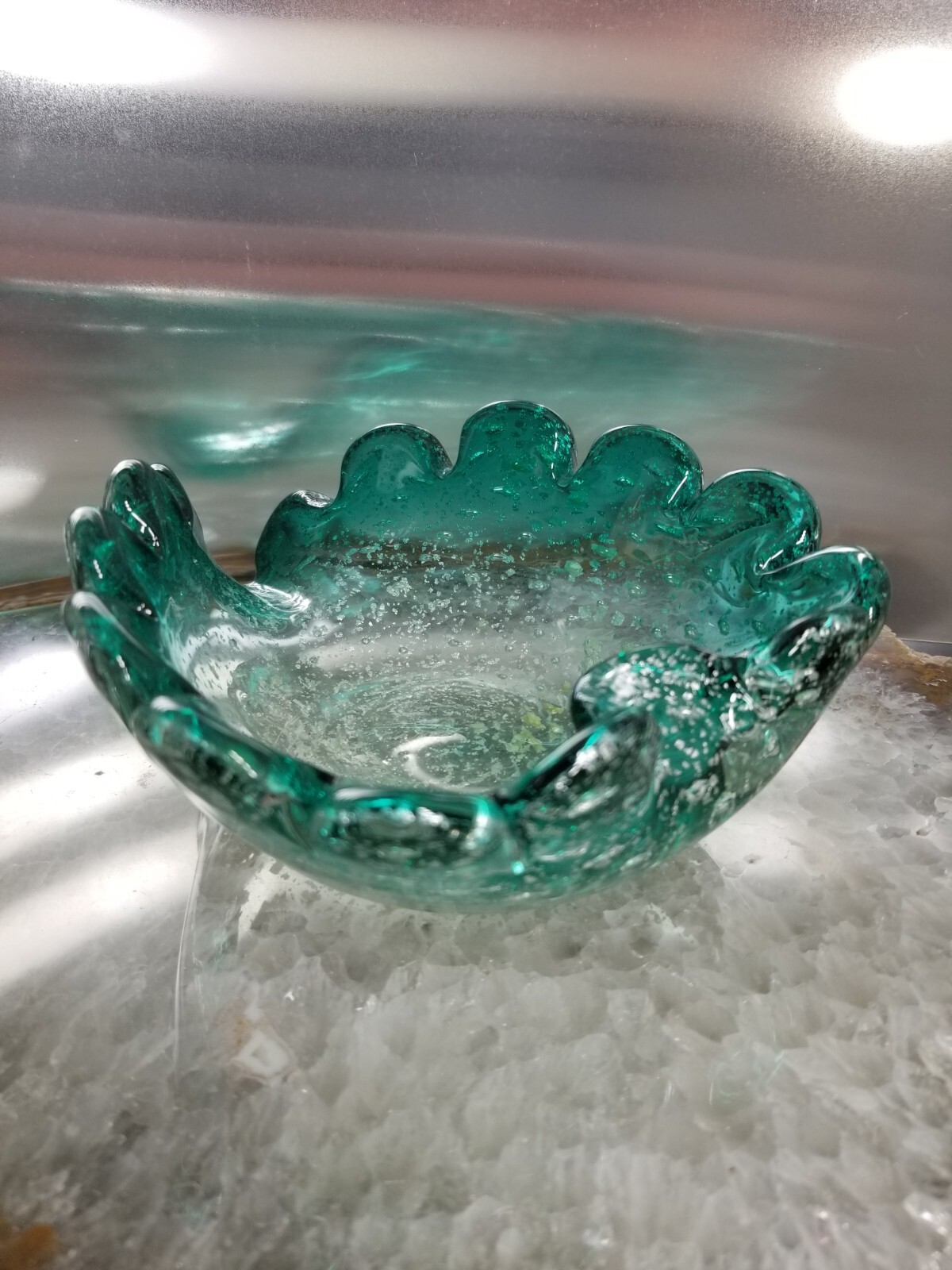 Vintage Murano Glass * Ashtray Bowl * Teal Blue * Silver Aventurine * 7″ * 0419