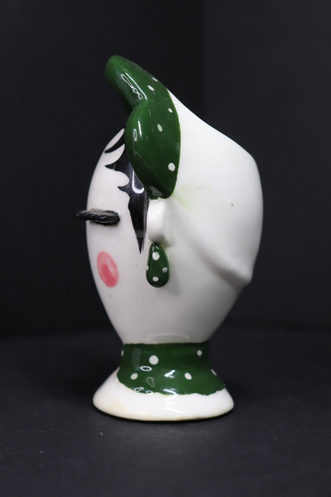 VTG Ceramic Lady Head Vase Green Polka Dot Hat Japan S-1298 Planter