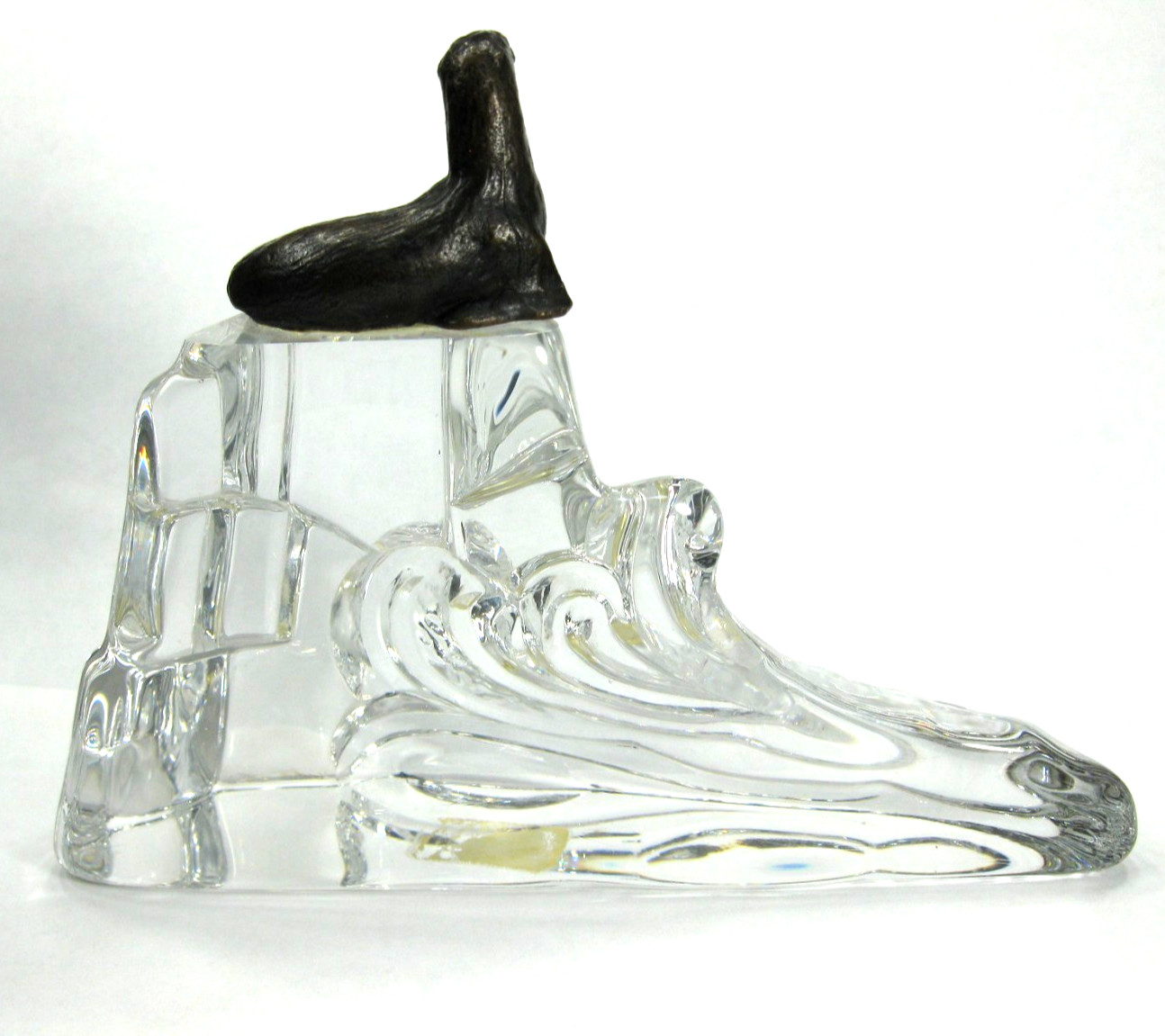 Vinardi Full Lead Crystal Glass w/ Bronze Seal on Top Figure Sculpture 1982