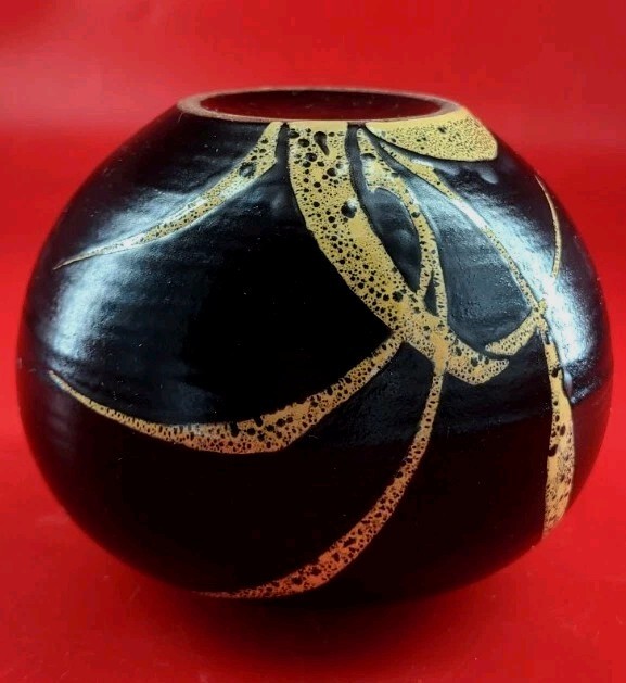MCM Schoonhoven Art Pottery Small Black Pale Yellow Reeds Leaves Ball Vase 3×4″