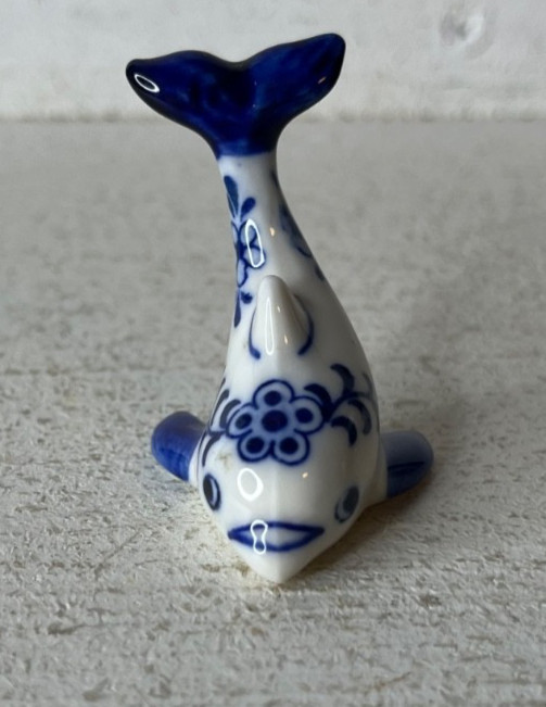 Vintage Miniature Delft Blue White Porcelain Ceramic Dolphin Whale 1.5″
