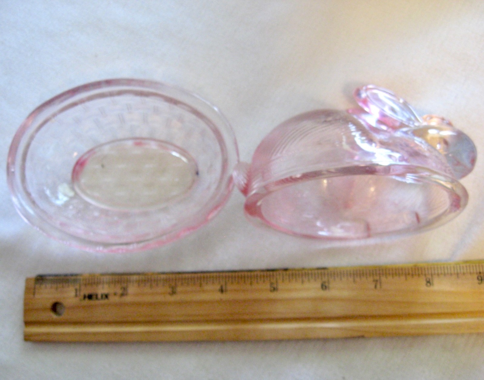 NESTING BUNNY Pink Glass Rabbit Covered Basket Trinket Dish 2 Pc Vintage