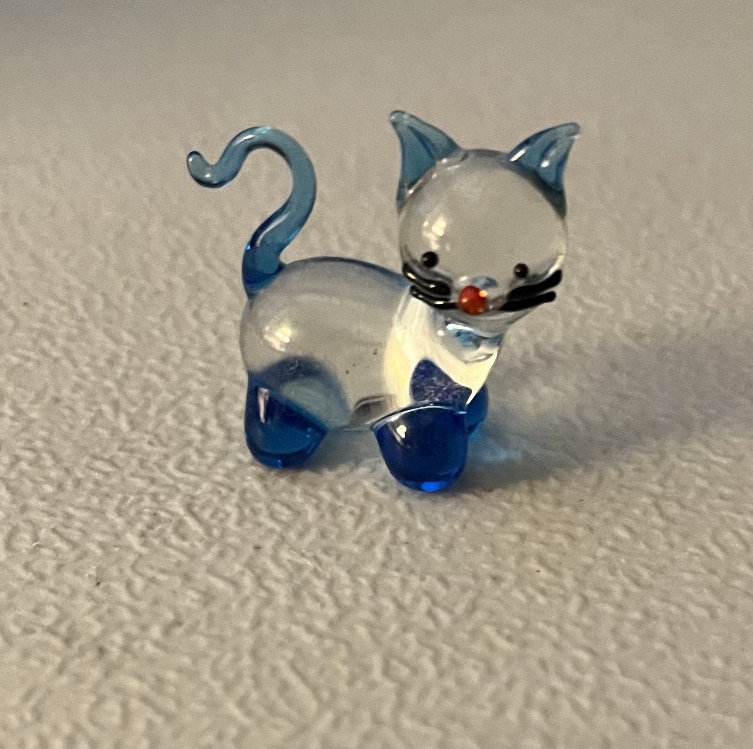 Vintage Hand Blown OOAK Glass Art Cat Figurine Clear Blue Kitty Murano Style