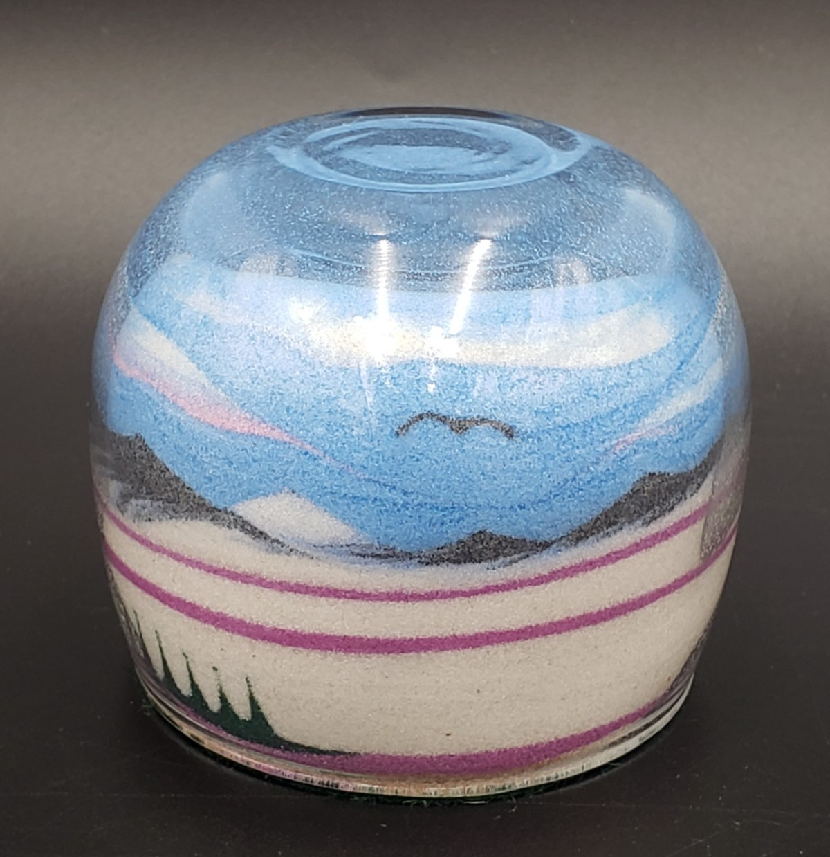 Cool Vintage Sand Art Paperweight Featuring Trees/Mountains/Bird/Sky/Horizon