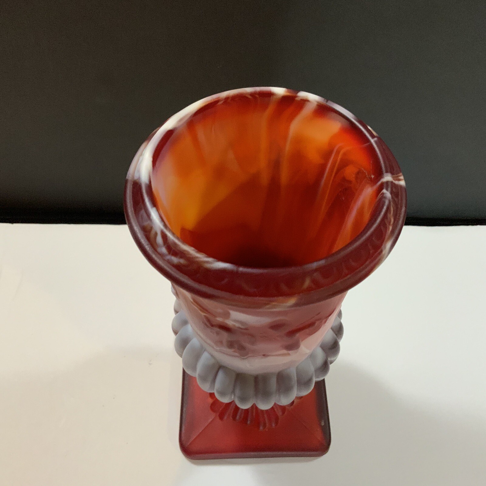 Vintage Imperial Slag Glass Red White Vase Square Base 8 1/2 in Tall READ