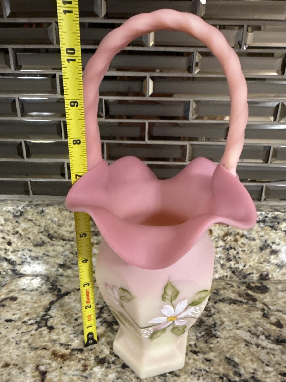 Fenton Lotus Mist m. Fleming Hand painted Signed Basket Vase With Handle