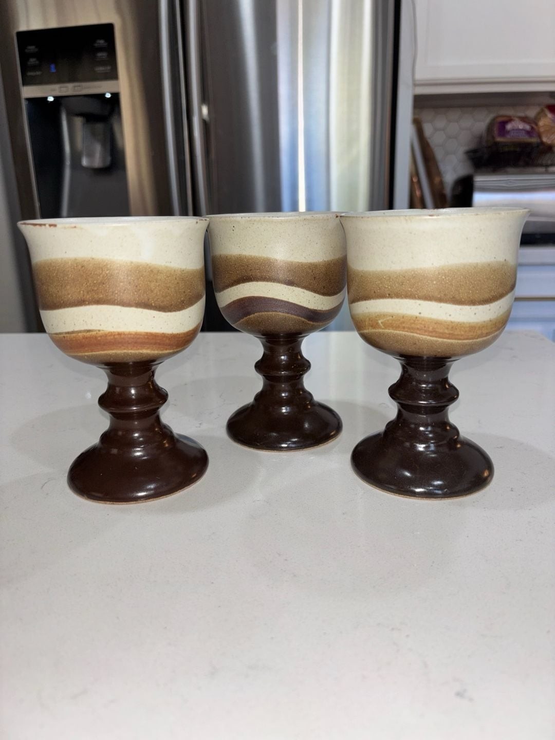 Vintage Otagiri Stoneware Goblets Brown and Cream Swirl 5.5” Set of 3