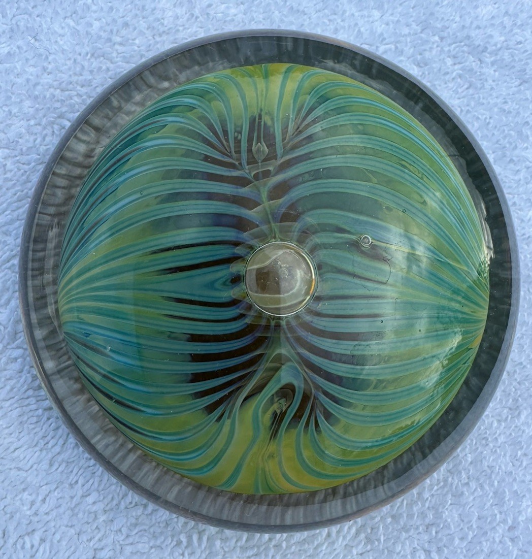 Robert Burch Blue/Green Central-Bubble Radiating Lines Paperweight Signed ’94