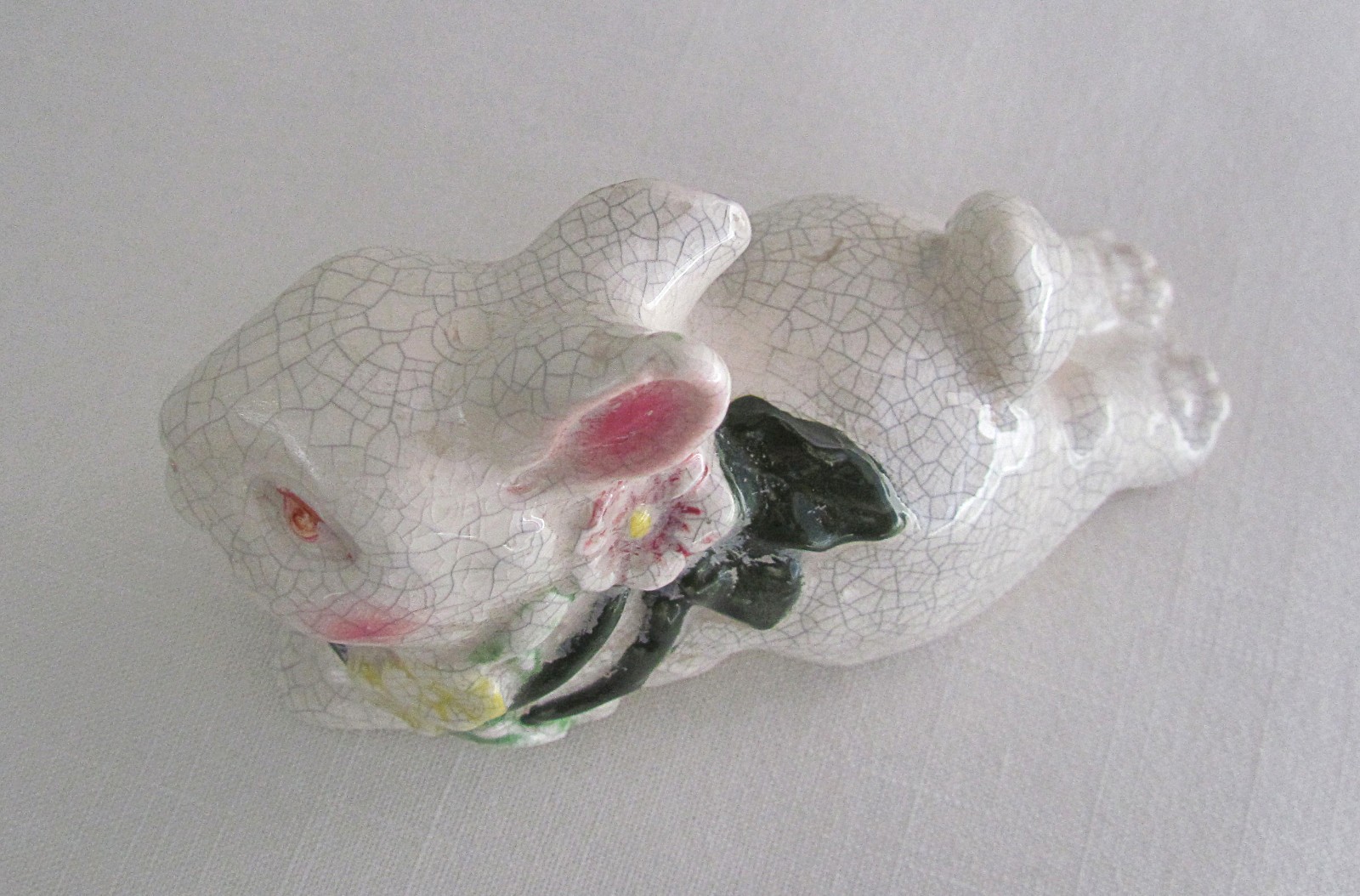 Vintage Antique Crackle Glaze Bunny Rabbit Hare Figurine Hand Painted Floral